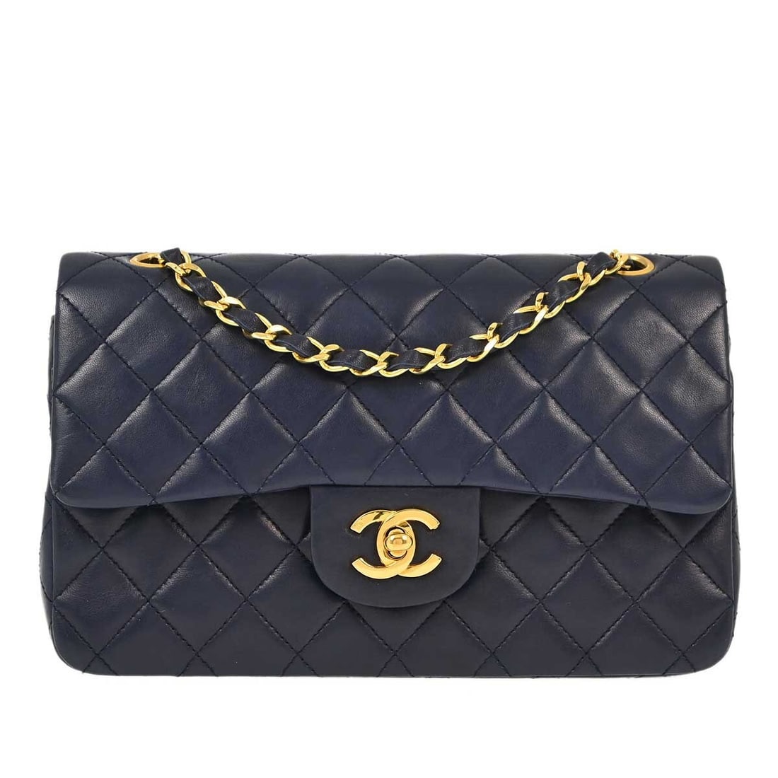 Chanel Navy Lambskin Small Classic Double Flap Shoulder Bag with Certificate of Authenticity: Chanel Navy Lambskin Small Classic Double Flap Shoulder Bag with Certificate of Authenticity This exquisite Chanel Small Classic Double Flap Shoulder Bag is crafted from luxurious navy lambskin leathe