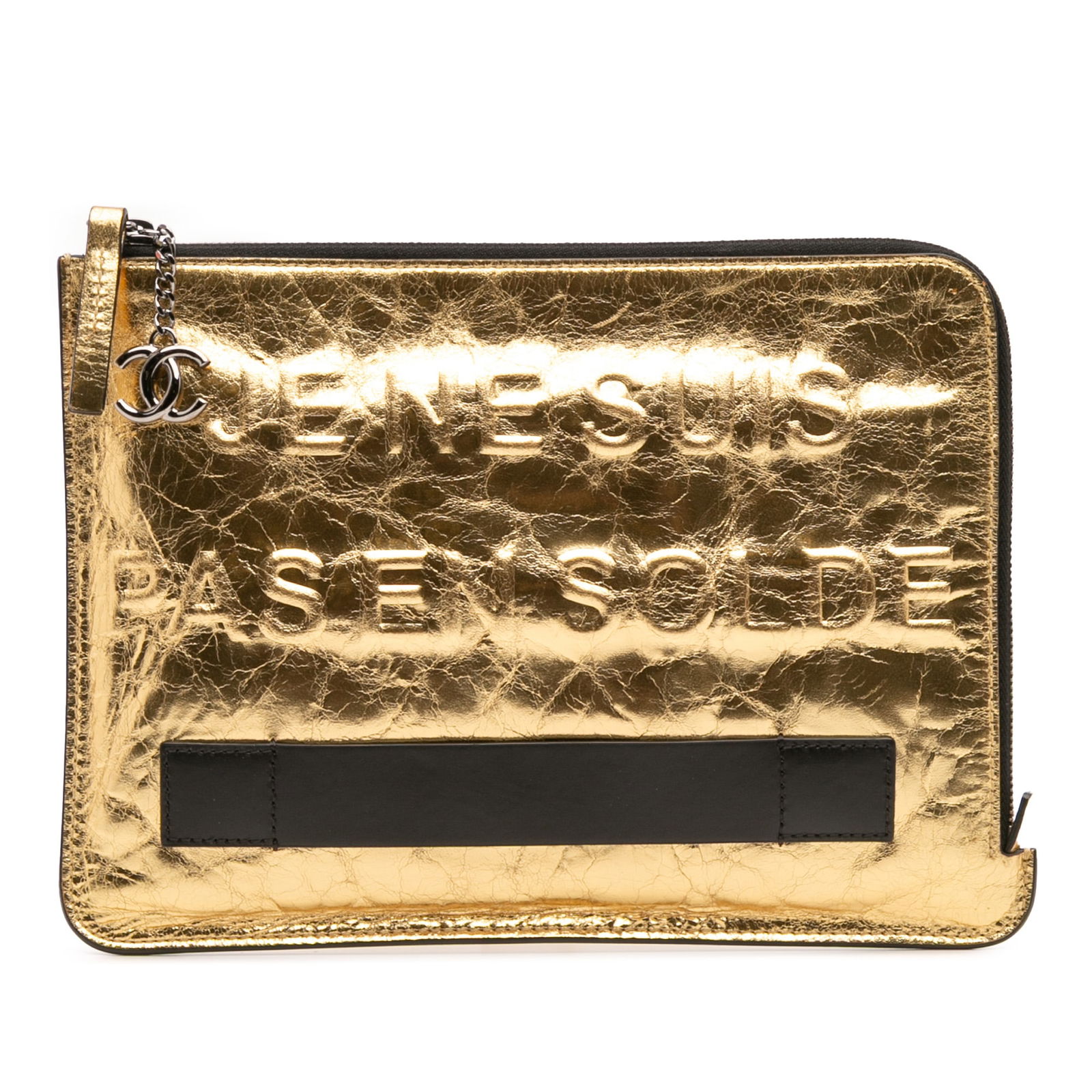Chanel Je Ne Suis Pas En Solde Gold Lambskin Clutch: Chanel Je Ne Suis Pas En Solde Gold Lambskin Clutch This elegant clutch bag by Chanel is crafted from luxurious metallic lambskin leather, showcasing a stunning gold color. It features a secure top zi
