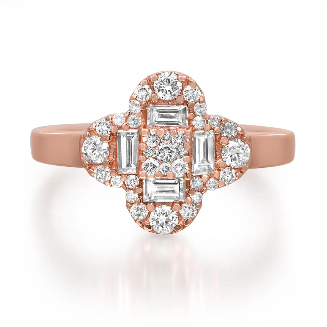 Rachel Koen 14K Rose Gold Clover Flower Ring with Diamonds 0.60Cttw Size 6: Rachel Koen 14K Rose Gold Clover Flower Ring with Diamonds 0.60Cttw Size 6 This exquisite clover flower ring showcases a stunning combination of round cut and baguette cut diamonds set in luxurious 14