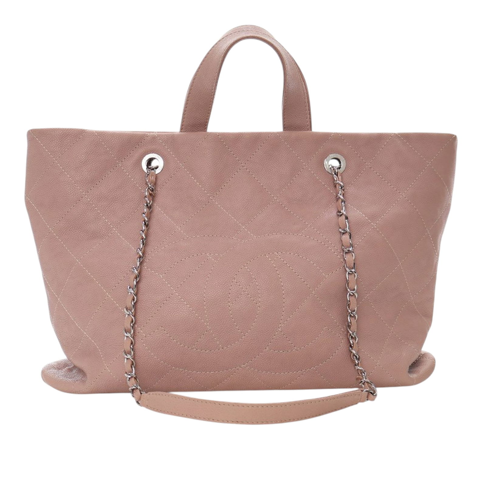 Brown Chanel Caviar Leather Quilted Tote with Chain Straps: Brown Chanel Caviar Leather Quilted Tote with Chain Straps This Chanel Quilted Caviar Shopping Tote features a brown quilted caviar leather exterior, flat leather handles, and leather-woven chain stra