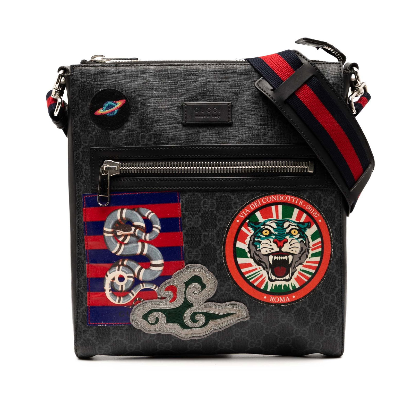 Gucci Medium GG Supreme Night Courier Messenger Bag Black Fabric: Gucci Medium GG Supreme Night Courier Messenger Bag Black Fabric Elevate your accessory collection with the Gucci Medium GG Supreme Night Courier Messenger Bag. This stylish crossbody bag is crafted f