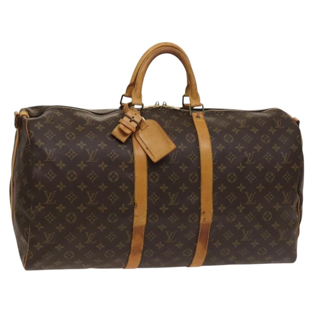 Keepall Bandouliere Travel Bag in Brown by Louis Vuitton: Keepall Bandouliere Travel Bag in Brown by Louis Vuitton This Louis Vuitton Keepall Bandouliere travel bag features a classic brown exterior with signs of use, including rubbing, sunburn marks, stains