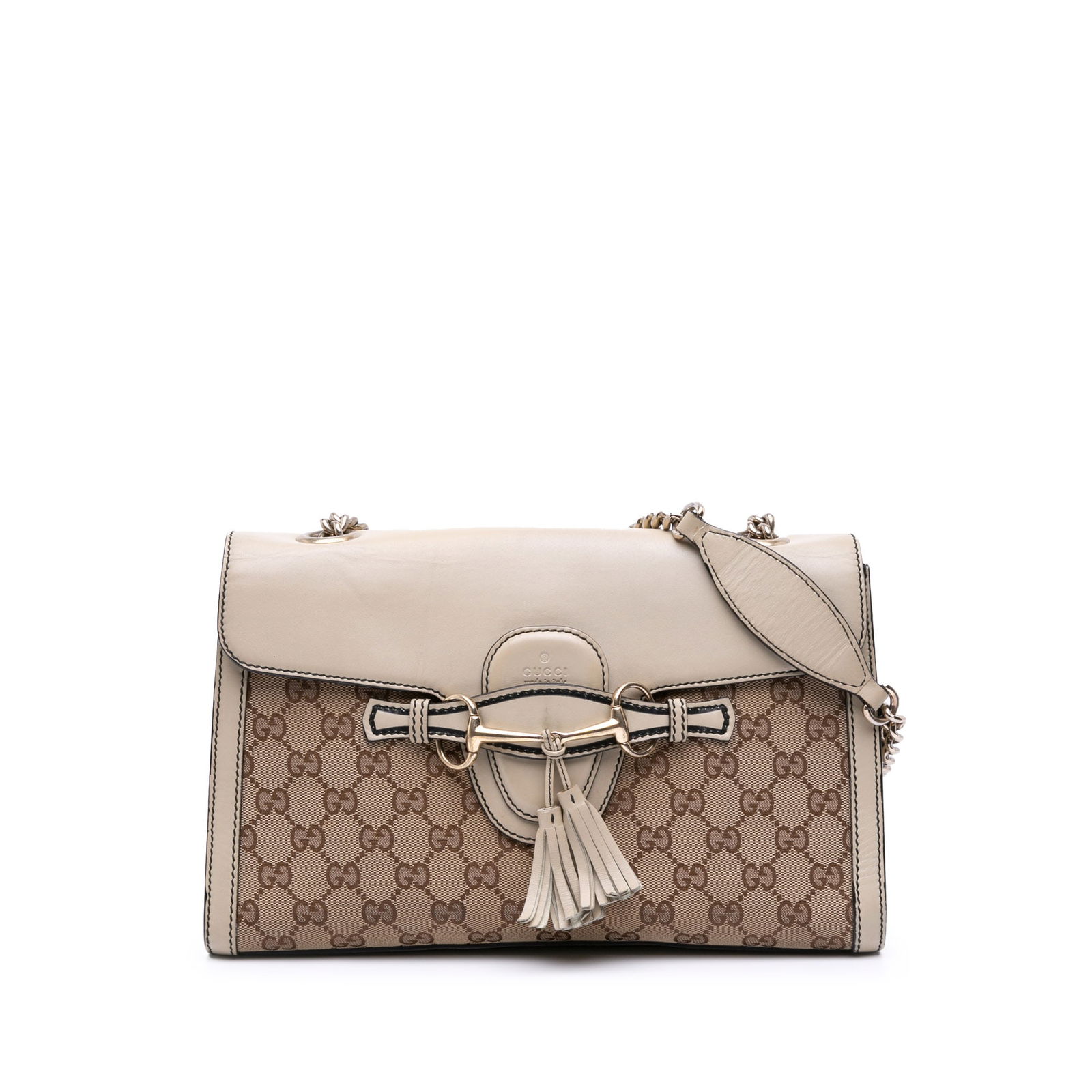 Gucci Medium GG Canvas Emily Shoulder Bag with Leather Trim: Gucci Medium GG Canvas Emily Shoulder Bag with Leather Trim This Gucci Medium GG Canvas Emily Shoulder Bag is a stylish blend of functionality and elegance. The bag features a durable canvas body comp