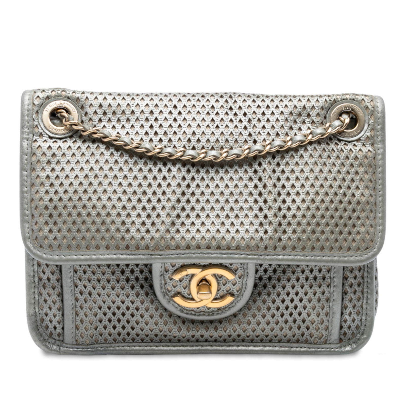 Chanel Small Up In The Air Flap Silver Perforated Leather Bag: Chanel Small Up In The Air Flap Silver Perforated Leather Bag The Chanel Small Perforated Calfskin Up In The Air Flap is an elegant shoulder bag made from high-quality perforated leather. This stylish