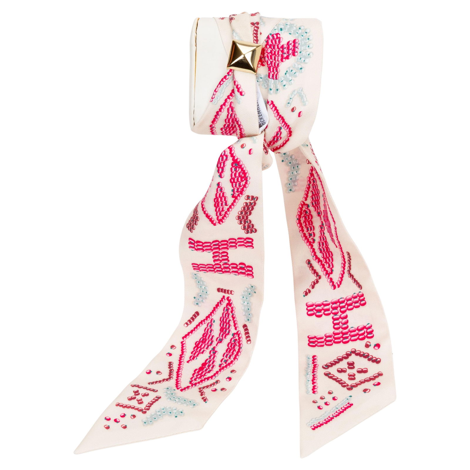 Hermes Kelly en Perles Silk Twilly with Gold Tone Hardware: Hermes Kelly en Perles Silk Twilly with Gold Tone Hardware Introducing the exquisite Hermes "Kelly en Perles" Twilly, a luxurious accessory crafted from 100% silk. This elegant piece features a stunni