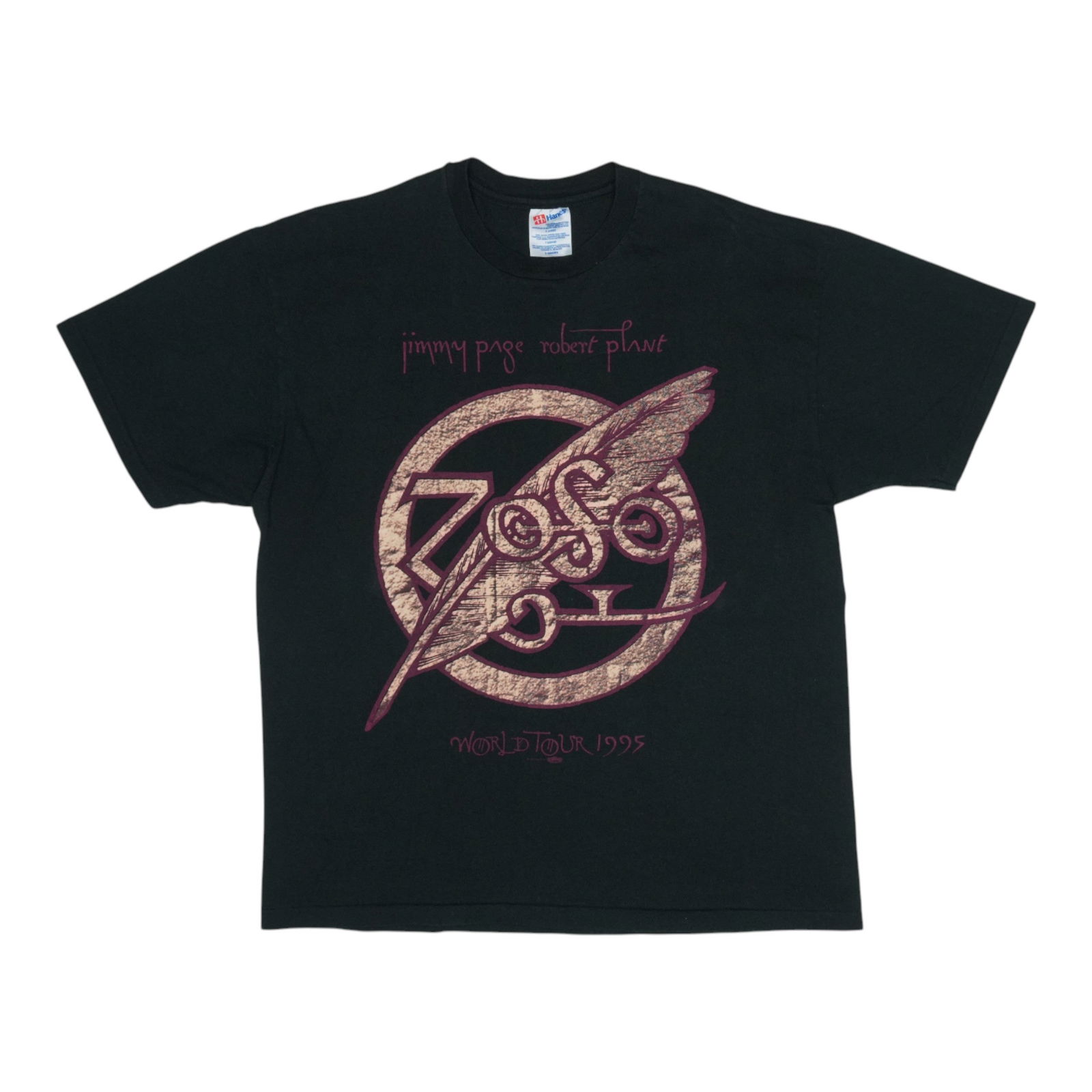1995 Jimmy Page Robert Plant Zoso Tour Black Cotton Shirt: 1995 Jimmy Page Robert Plant Zoso Tour Black Cotton Shirt Step back into the 1990s with this original vintage 1995 Jimmy Page Robert Plant Zoso Tour Shirt. This authentic piece features striking front