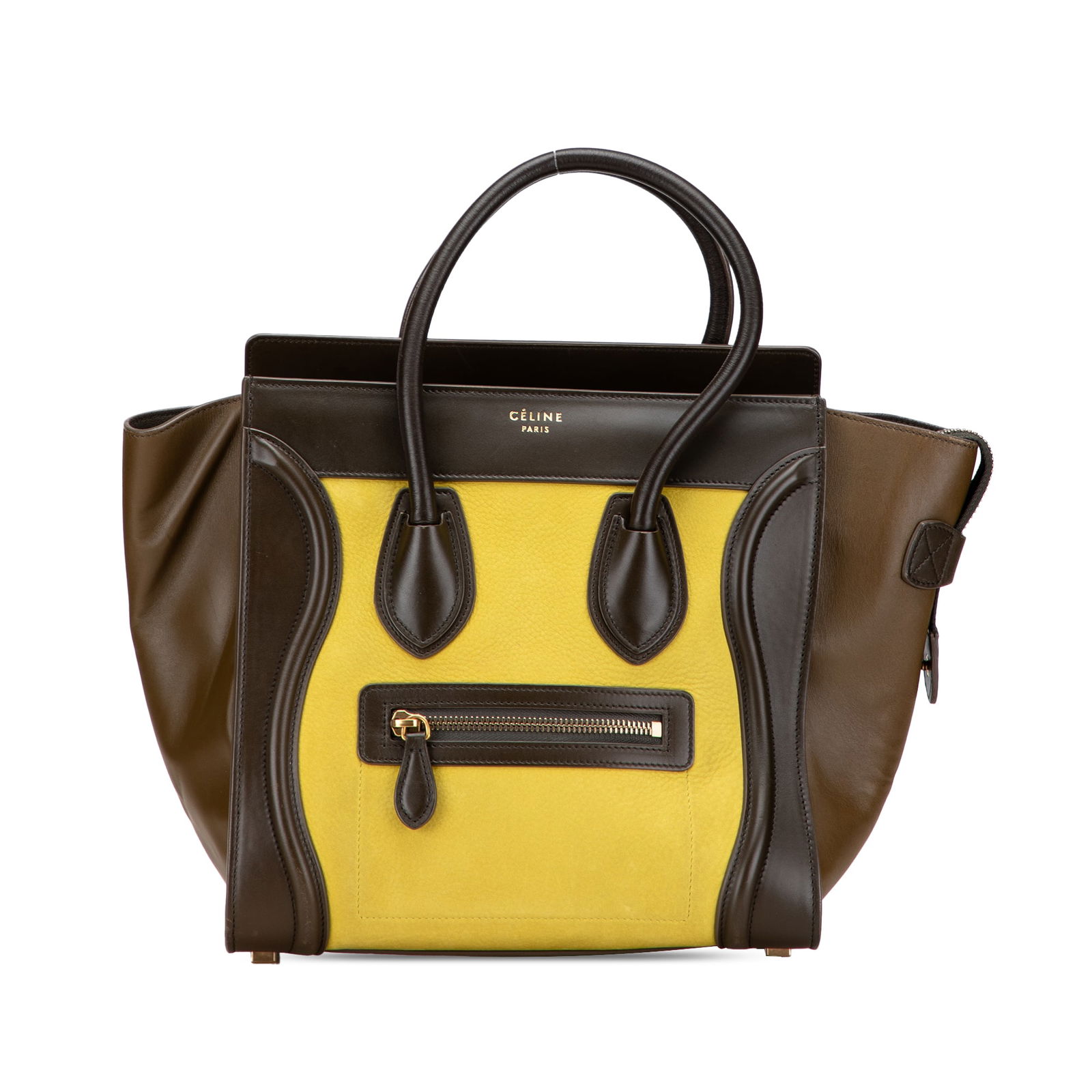 Celine Micro Tricolor Leather Luggage Tote Yellow Made in Italy: Celine Micro Tricolor Leather Luggage Tote Yellow Made in Italy The Celine Micro Tricolor Leather Luggage Tote is a stylish and functional bag crafted from premium leather. It features rolled leather