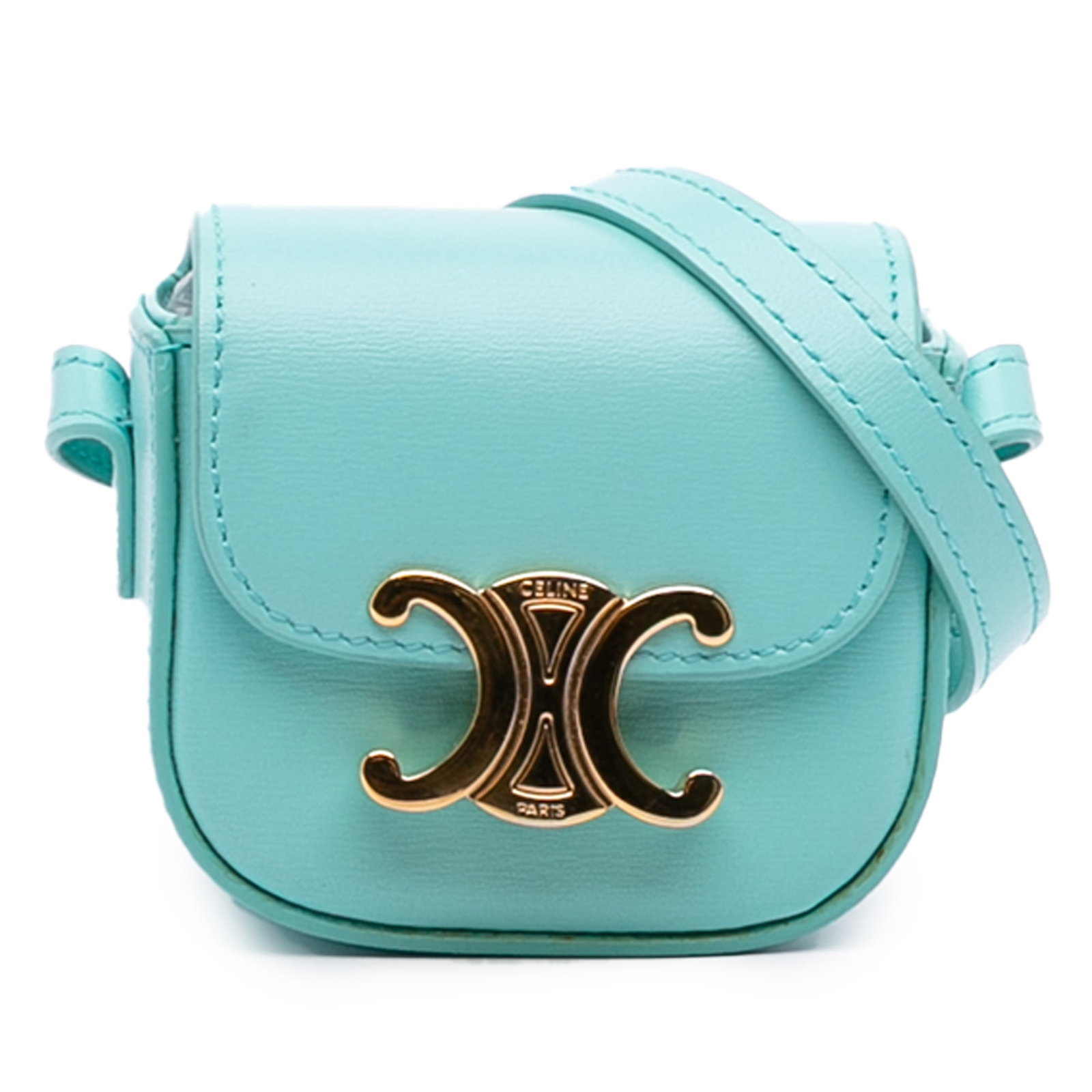 Celine Leather Triomphe Blue AirPods Case with Strap Italy: Celine Leather Triomphe Blue AirPods Case with Strap Italy This stylish Celine Leather Triomphe AirPods Case doubles as a crossbody bag, featuring a luxurious leather body in a stunning blue color. It