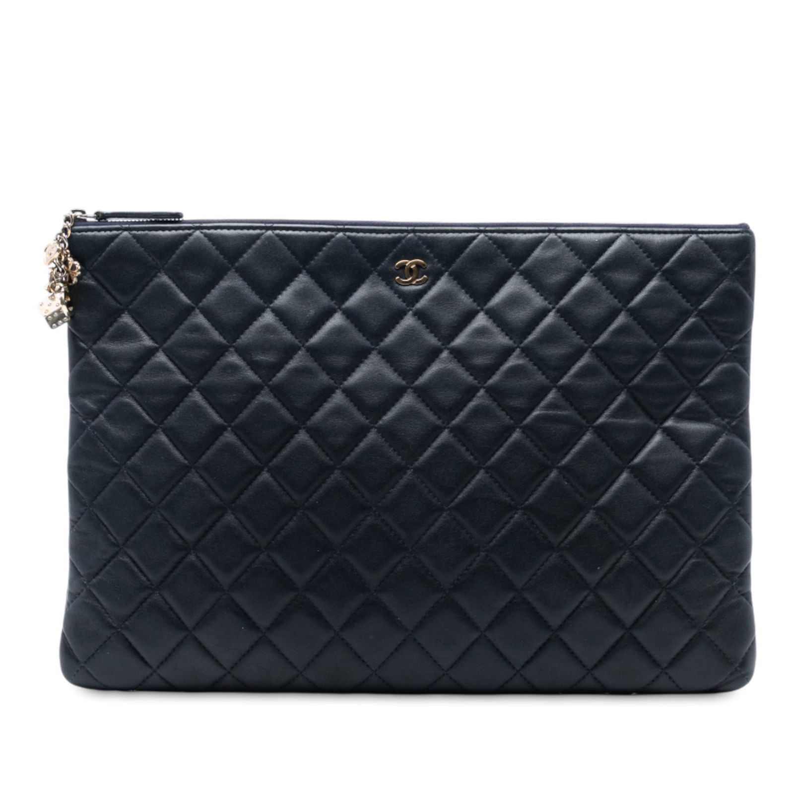 Chanel CC Large Quilted Blue Lambskin O Case Clutch: Chanel CC Large Quilted Blue Lambskin O Case Clutch This Chanel CC Large Quilted Lambskin O Case Clutch is a luxurious accessory crafted from soft quilted lambskin leather. It features a secure top zi