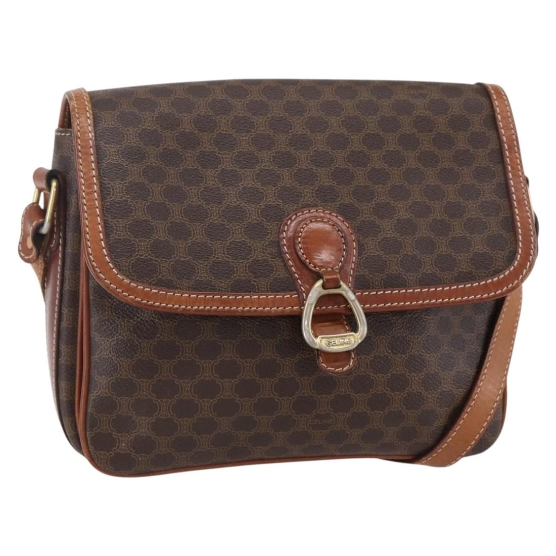 Pre-Owned Celine Macadam Brown Shoulder Handbag: Pre-Owned Celine Macadam Brown Shoulder Handbag This pre-owned Celine Macadam shoulder bag features a brown exterior and is designed for female use. It shows signs of use, including rubbing, stains, s