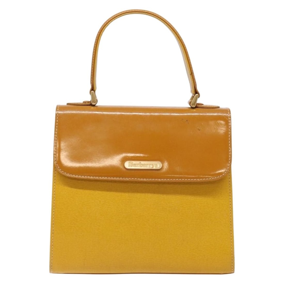 Yellow Vintage Burberry Women's Handbag: Yellow Vintage Burberry Women's Handbag This Burberry vintage handbag features a yellow exterior with surface rubbing, slight shape loss, and minor stains. The handle shows signs of rubbing, while the