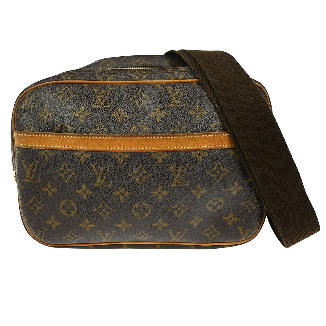 Reporter PM Shoulder Bag with Monogram Canvas by Louis Vuitton: Reporter PM Shoulder Bag with Monogram Canvas by Louis Vuitton This pre-owned Louis Vuitton Monogram Reporter PM shoulder bag features the iconic monogram canvas with brown leather accents. The bag ex