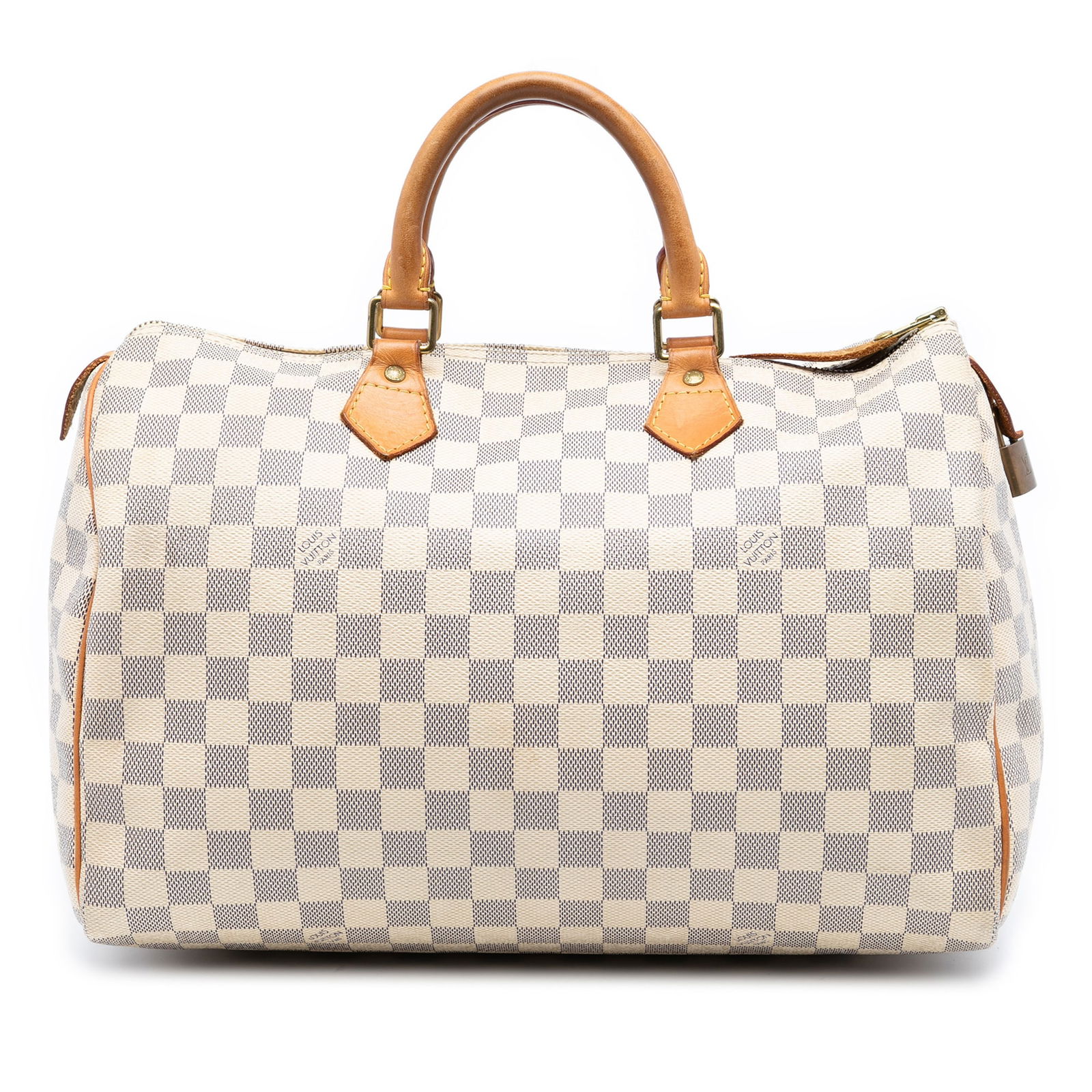 Louis Vuitton Damier Azur Speedy 35 Bag with Vachetta Trim: Louis Vuitton Damier Azur Speedy 35 Bag with Vachetta Trim The Louis Vuitton Damier Azur Speedy 35 is a stylish and functional handbag crafted from damier azur canvas with vachetta leather trim. It fe