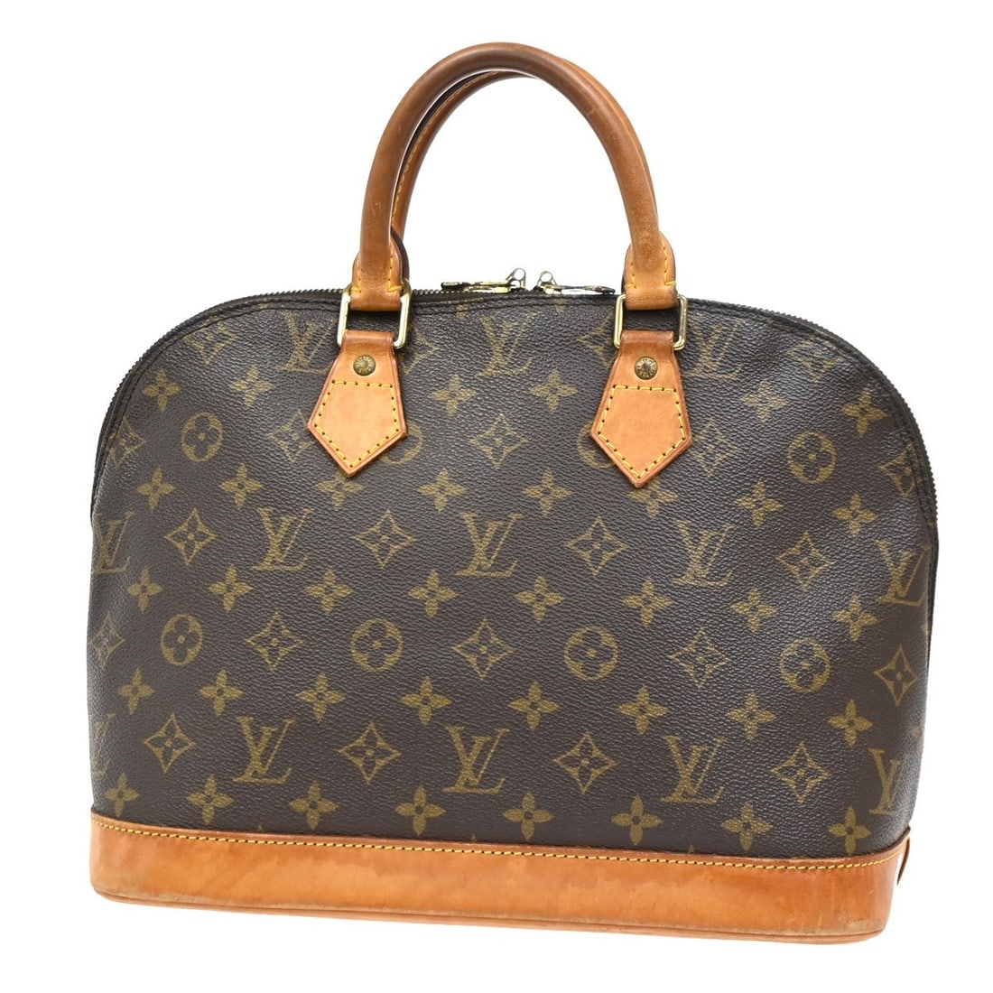 Alma brown handbag by Louis Vuitton pre-owned: Alma brown handbag by Louis Vuitton pre-owned This pre-owned Louis Vuitton Alma handbag features a brown exterior with some signs of use, including scuffs, dirt, scratches, and light discoloration. Th