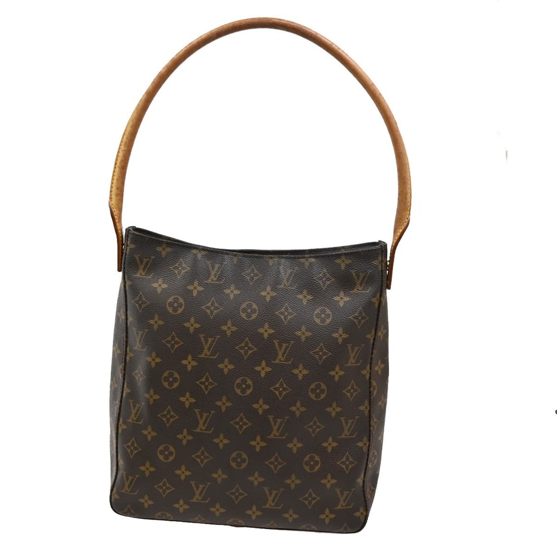 Looping Brown Handbag by Louis Vuitton: Looping Brown Handbag by Louis Vuitton This pre-owned Louis Vuitton Looping handbag features a brown exterior with noticeable signs of use, including scuffs, dirt, and stains. The handle displays pati