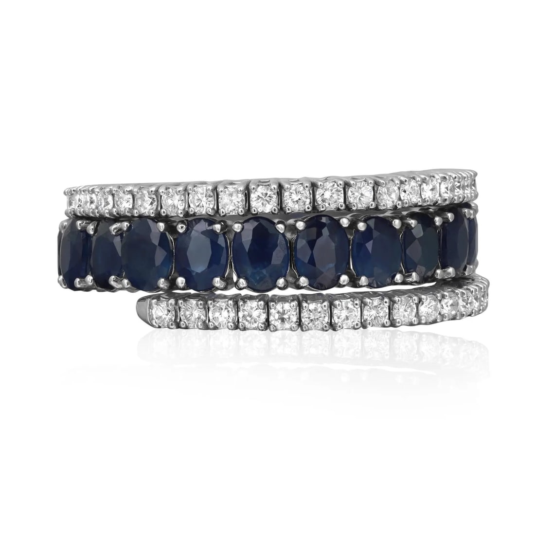 Rachel Koen 14K White Gold Spiral Band Ring with 0.77Ctw Diamonds and 3.98Ctw Blue Sapphires: Rachel Koen 14K White Gold Spiral Band Ring with 0.77Ctw Diamonds and 3.98Ctw Blue Sapphires This exquisite spiral band ring is a stunning piece of jewelry crafted from high-polished 14K white gold. T
