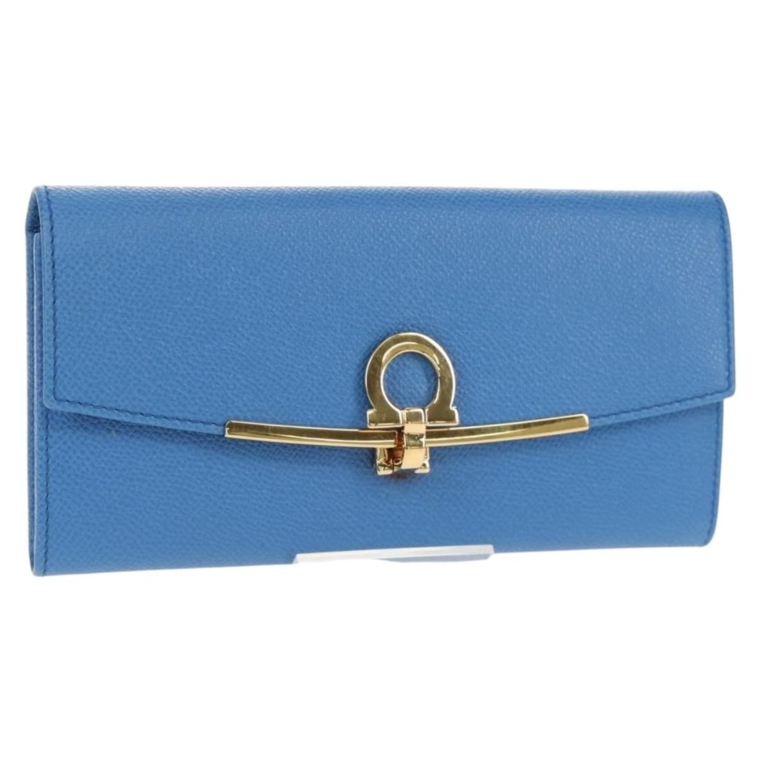 Salvatore Ferragamo Gancini Long Wallet Leather Blue Gold Auth JP-22-D150 (1 of 18)