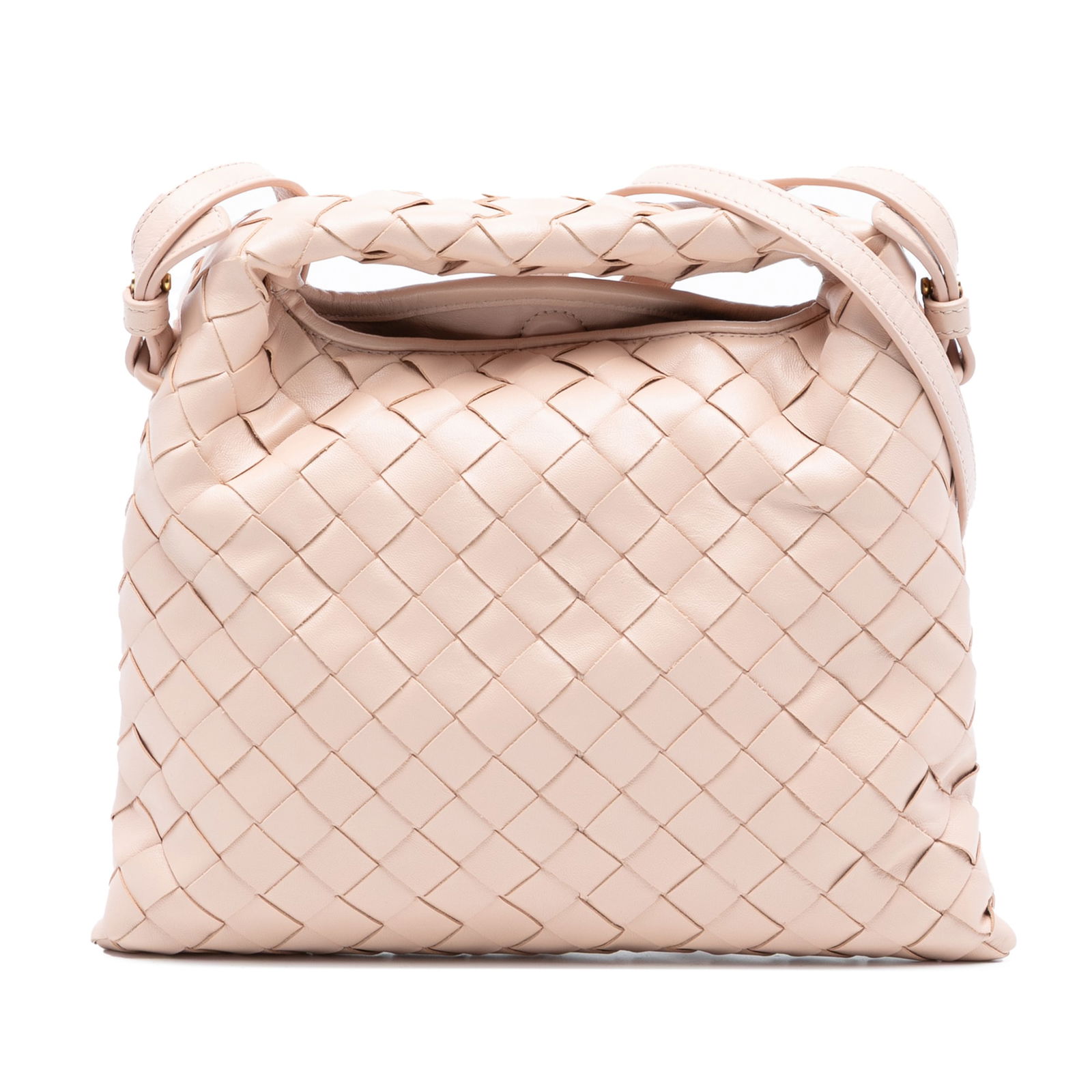 Mini Intrecciato Hop Satchel Pink Leather Bag by Bottega Veneta: Mini Intrecciato Hop Satchel Pink Leather Bag by Bottega Veneta This Bottega Veneta Mini Calfskin Intrecciato Hop Satchel features a woven leather body and handle, complemented by an adjustable and de