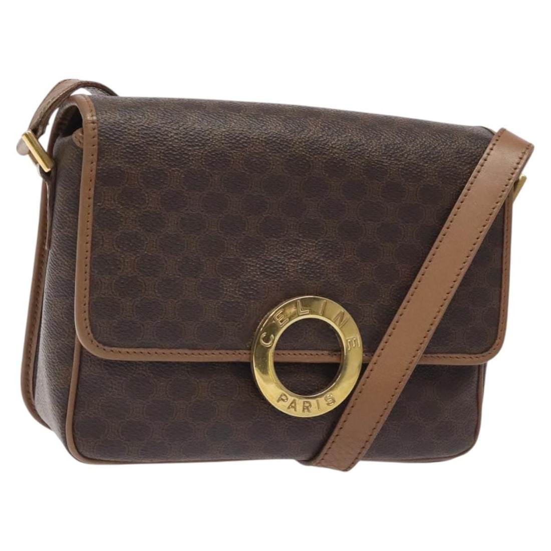 Macadam Pattern Brown Shoulder Purse by Celine: Macadam Pattern Brown Shoulder Purse by Celine This Celine Macadam shoulder bag features a classic brown exterior with the iconic Macadam pattern. Designed for women, the bag shows signs of use includ