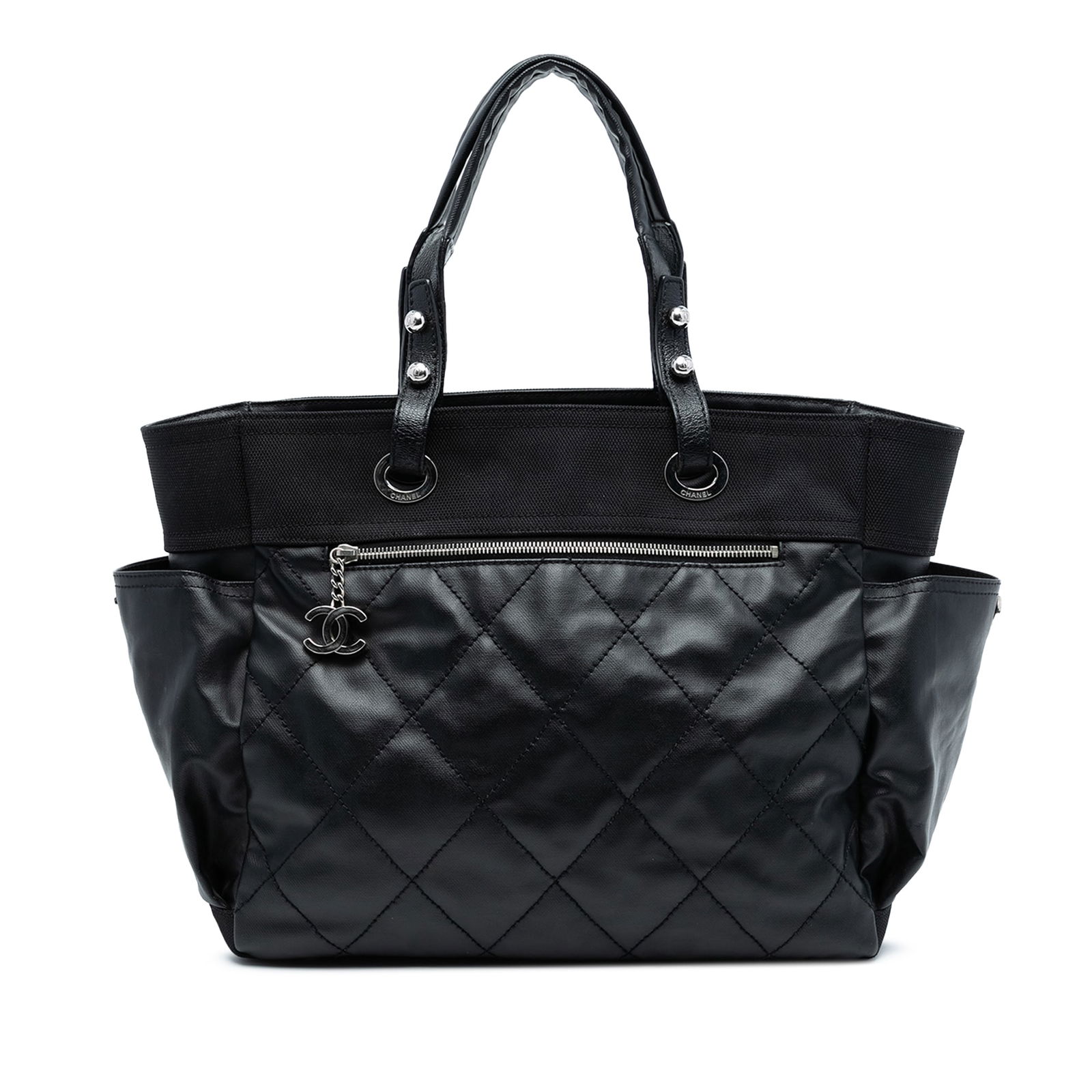 Chanel Paris Biarritz Large Quilted Black Coated Canvas Tote Bag (1 of 8)