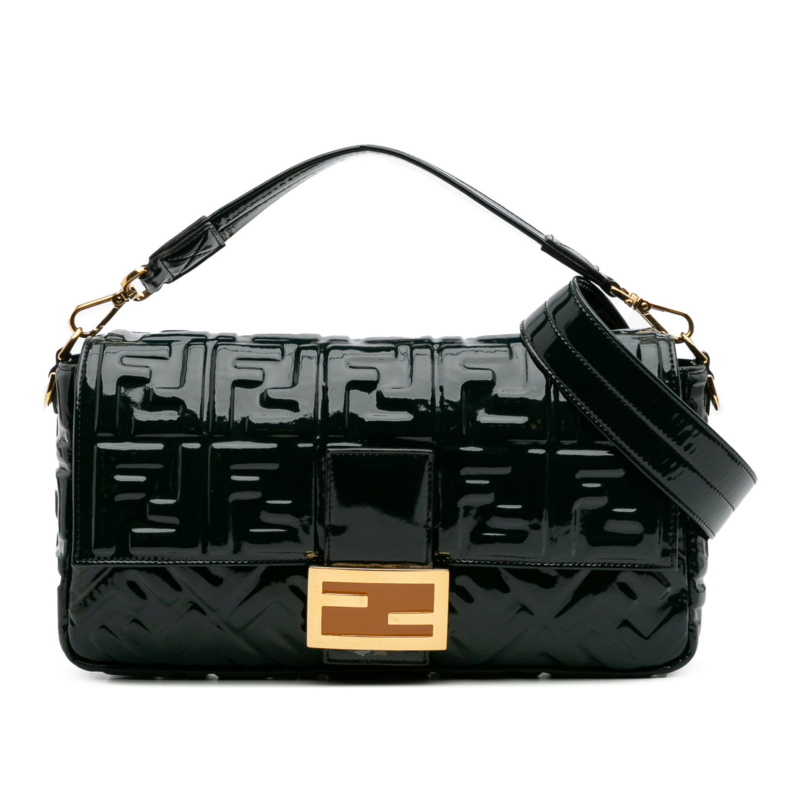 Fendi Large Zucca Green Patent Leather Baguette Satchel: Fendi Large Zucca Green Patent Leather Baguette Satchel This Fendi Large Zucca Embossed Patent Baguette Satchel showcases a luxurious embossed patent leather exterior in an elegant green hue. It featu