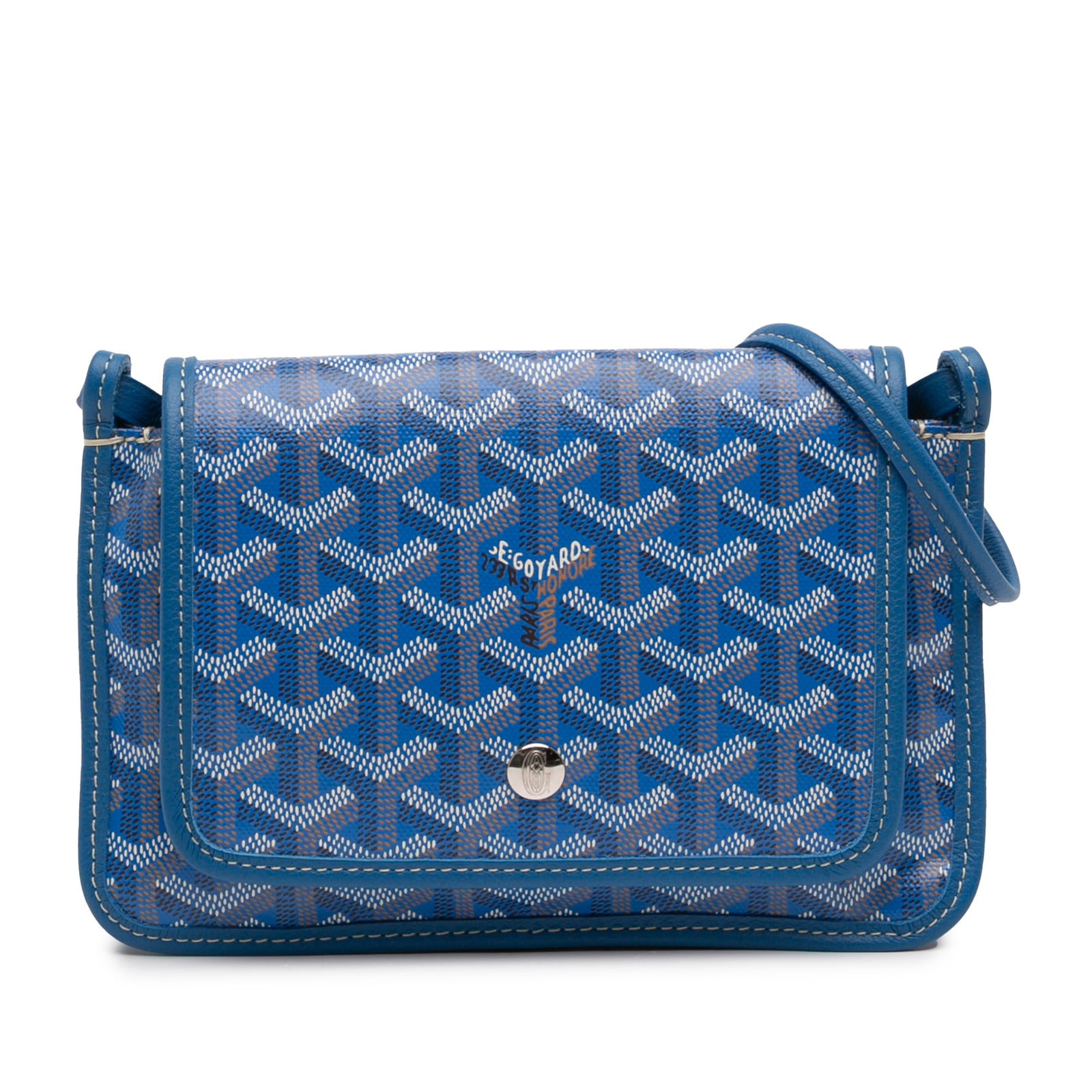 Goyard Goyardine Plumet Blue Coated Canvas Wallet With Detachable Strap: Goyard Goyardine Plumet Blue Coated Canvas Wallet With Detachable Strap This Goyardine Plumet Pocket Wallet features a coated canvas exterior with leather trim, a detachable rolled leather strap, a fr