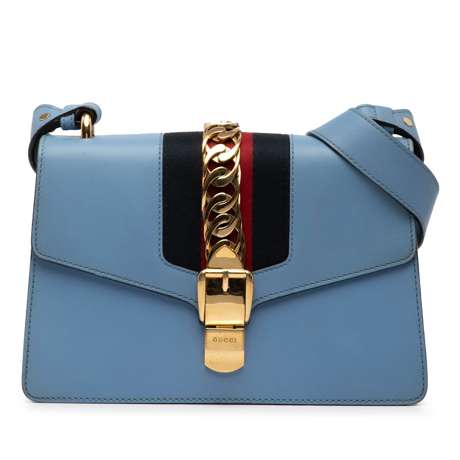 Gucci Blue Small Leather Sylvie Web Satchel with Detachable Straps: Gucci Blue Small Leather Sylvie Web Satchel with Detachable Straps This Gucci Small Leather Sylvie Web Satchel is a stylish and functional accessory, crafted from high-quality leather and featuring di