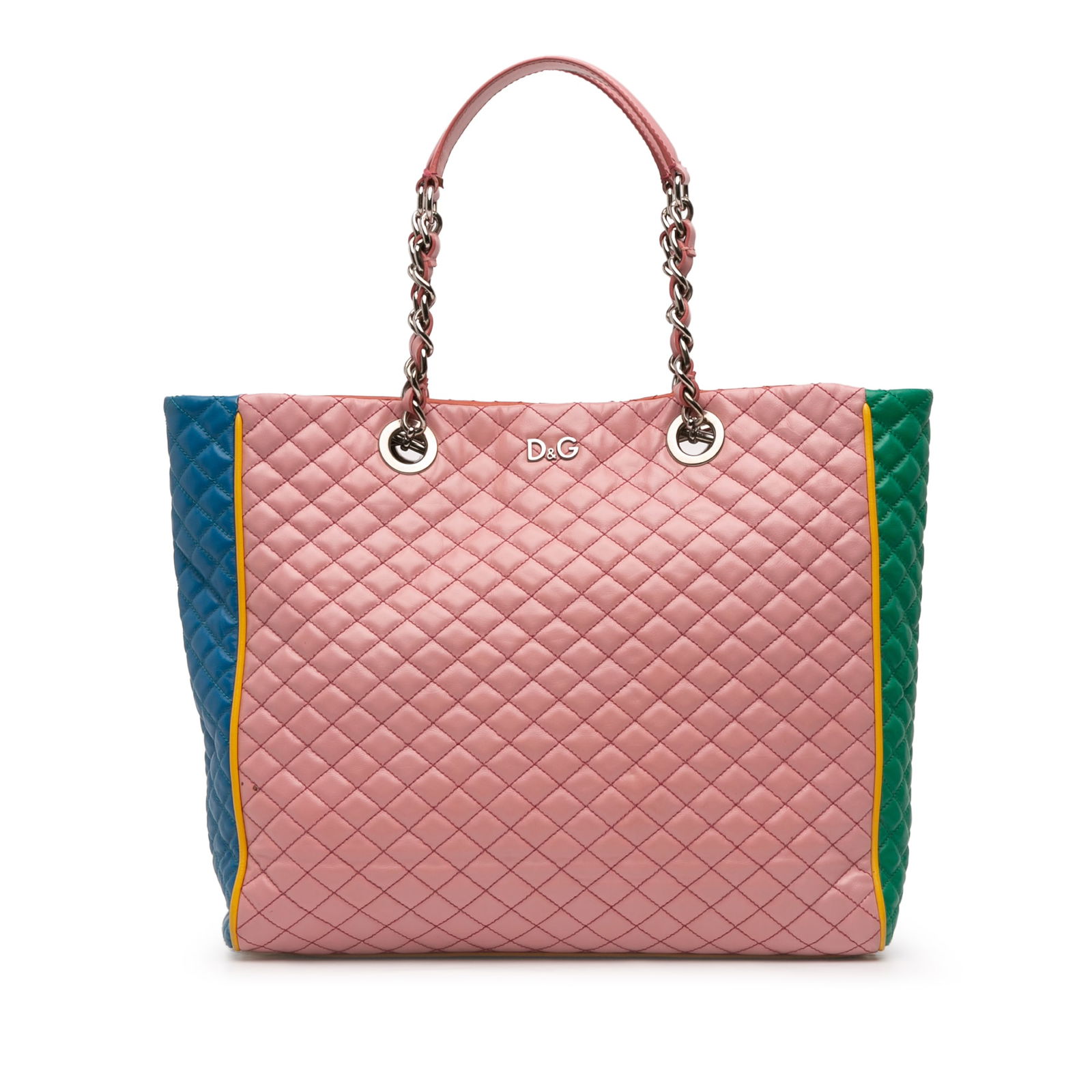 Dolce & Gabbana Lily Glam Tote Multicolor Quilted Lambskin Shoulder Bag: Dolce & Gabbana Lily Glam Tote Multicolor Quilted Lambskin Shoulder Bag This Dolce & Gabbana Lily Glam tote features a quilted multicolor lambskin leather body with leather-woven chain-link shoulder s