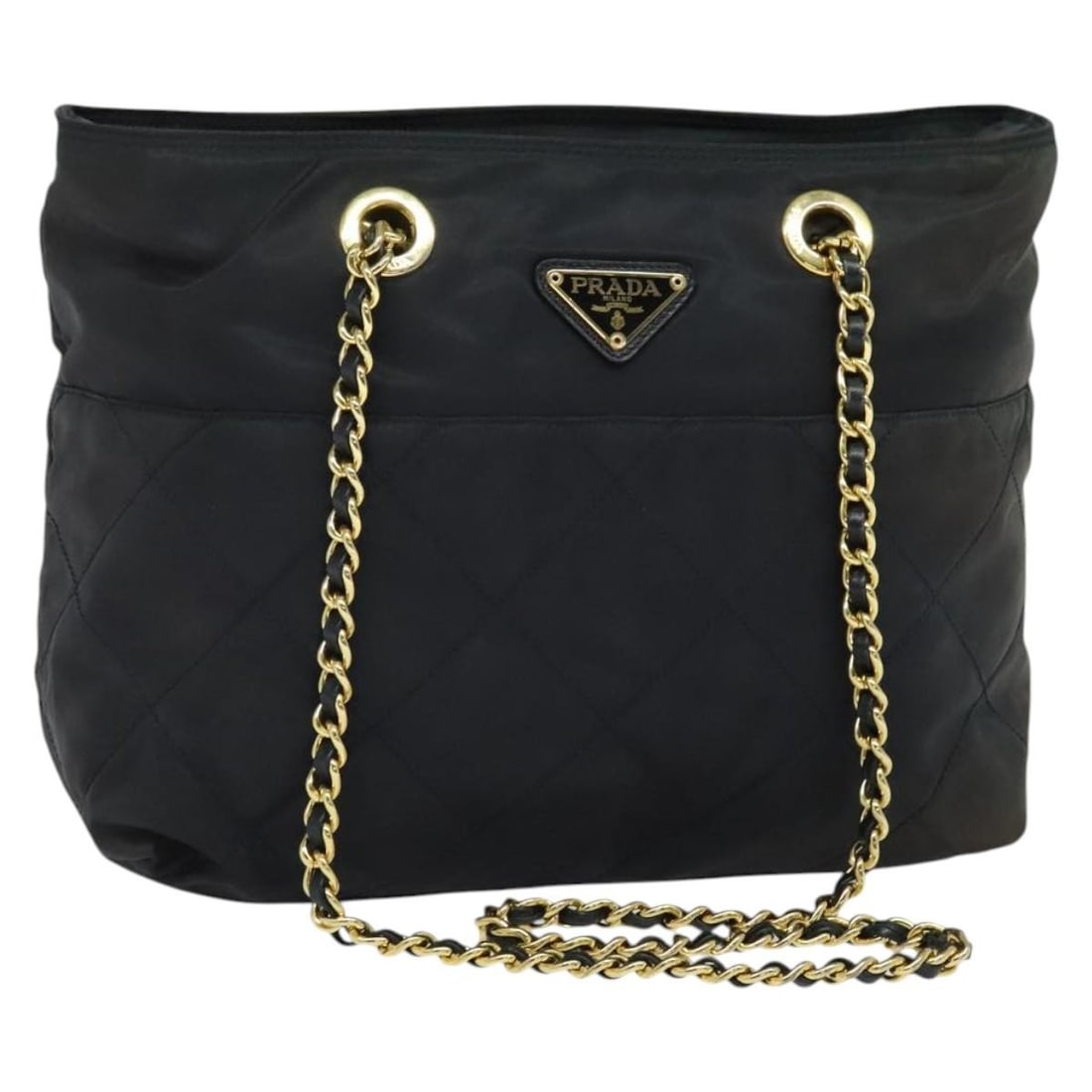 Navy Leather Shoulder Bag with Chain Strap by Prada: Navy Leather Shoulder Bag with Chain Strap by Prada This pre-owned Prada chain shoulder bag features a navy leather exterior with noticeable signs of use, including surface loss of shape, rubbing, sta