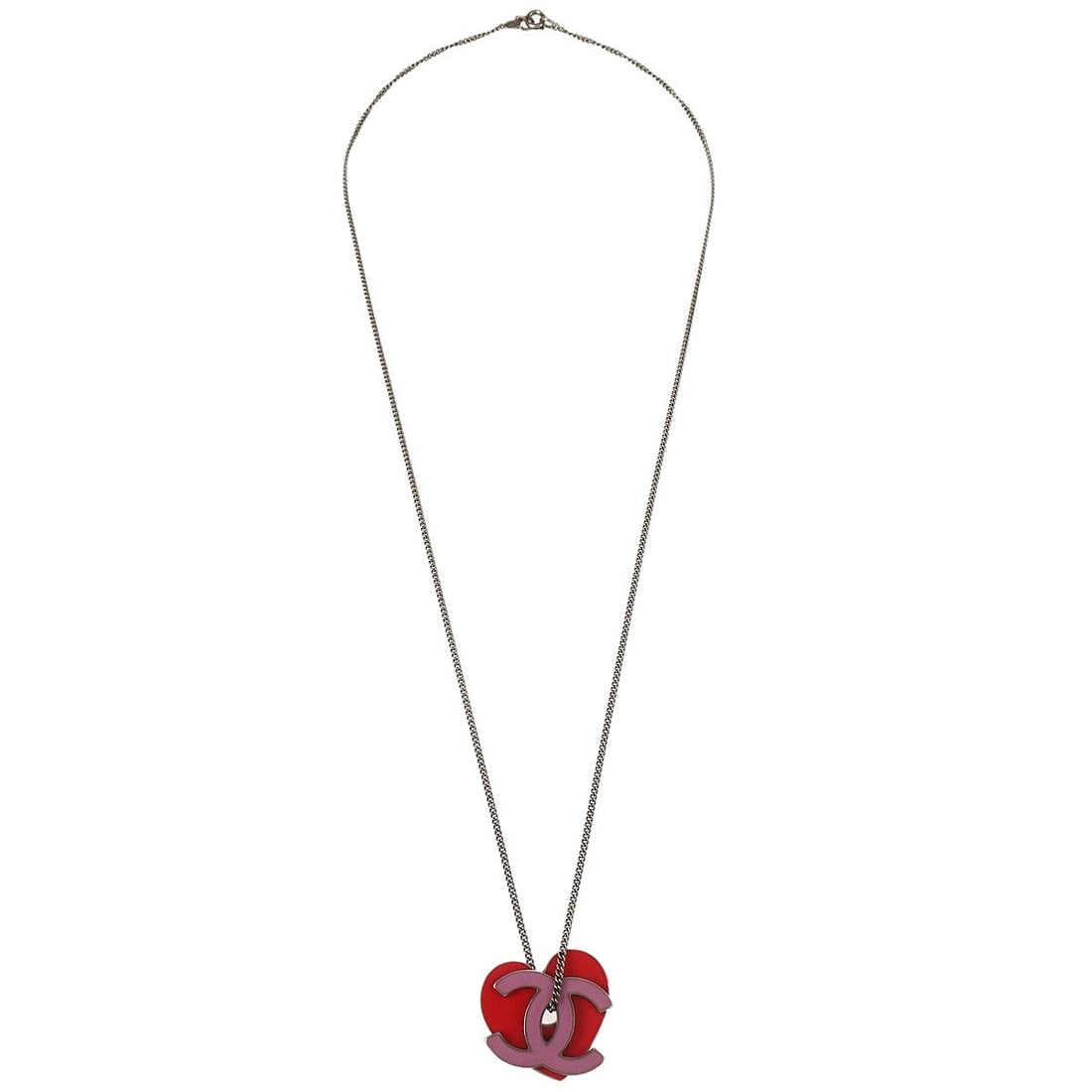 Necklace with Heart Shaped CC Pendant by Chanel Silver Tone 60 Length: Necklace with Heart Shaped CC Pendant by Chanel Silver Tone 60 Length This Chanel necklace features a heart-shaped pendant with the iconic CC logo in a silver tone. Designed for women, it is in very g