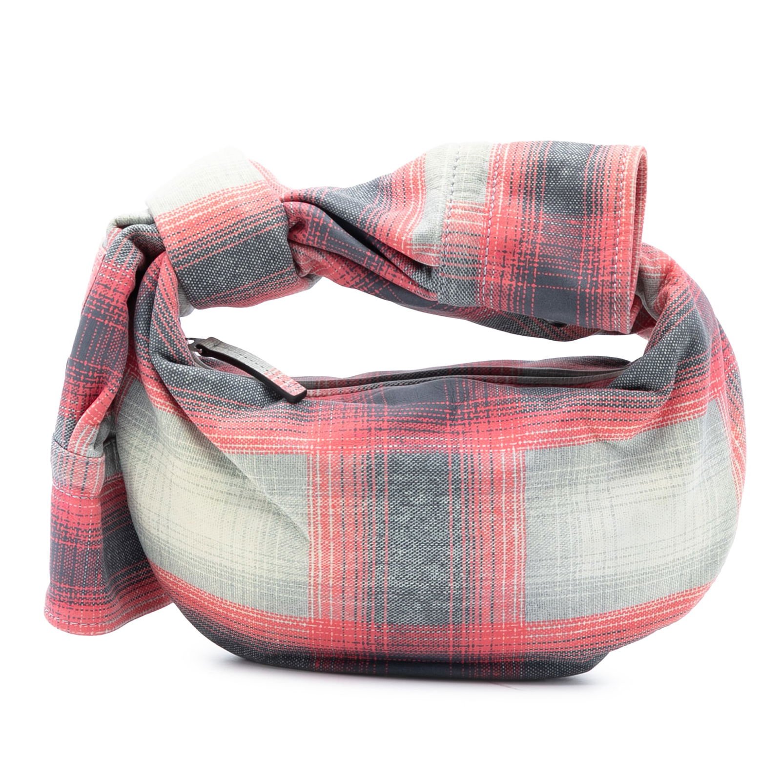 Mini Tartan Jodie Gray Printed Leather Handbag by Bottega Veneta: Mini Tartan Jodie Gray Printed Leather Handbag by Bottega Veneta This Bottega Veneta Mini Printed Leather Tartan Jodie features a printed leather exterior in a distinctive tartan pattern with a knotte