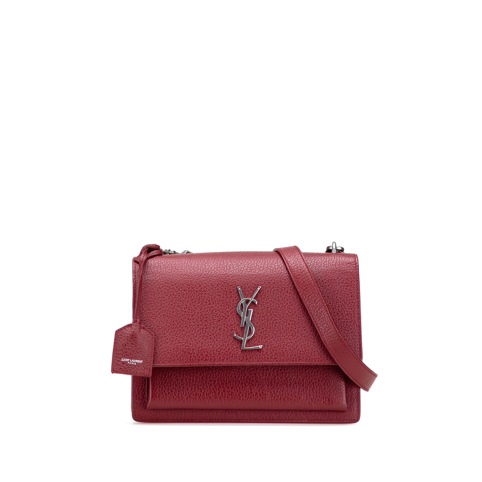 Saint Laurent Red Medium Grained Calfskin Monogram Sunset Crossbody Bag: Saint Laurent Red Medium Grained Calfskin Monogram Sunset Crossbody Bag The Saint Laurent Medium Grained Calfskin Monogram Sunset Crossbody is a stylish and functional bag crafted from high-quality le