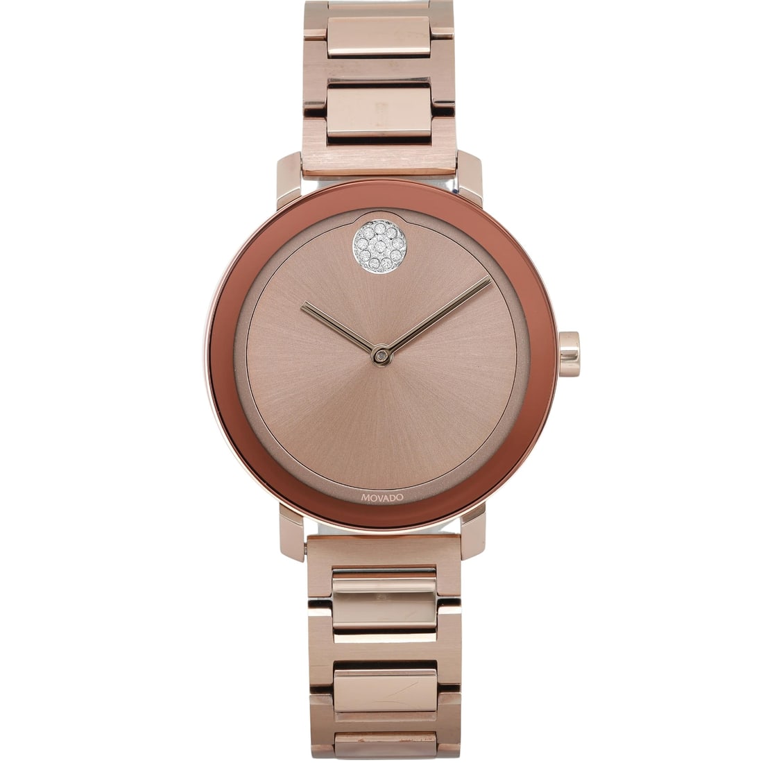 Movado Bold Evolution Ladies Quartz Watch Rose Gold Dial Stainless Steel Bracelet: Movado Bold Evolution Ladies Quartz Watch Rose Gold Dial Stainless Steel Bracelet Discover the elegance of the Movado Bold Evolution Ladies Watch, featuring a striking rose gold sunburst dial that bea
