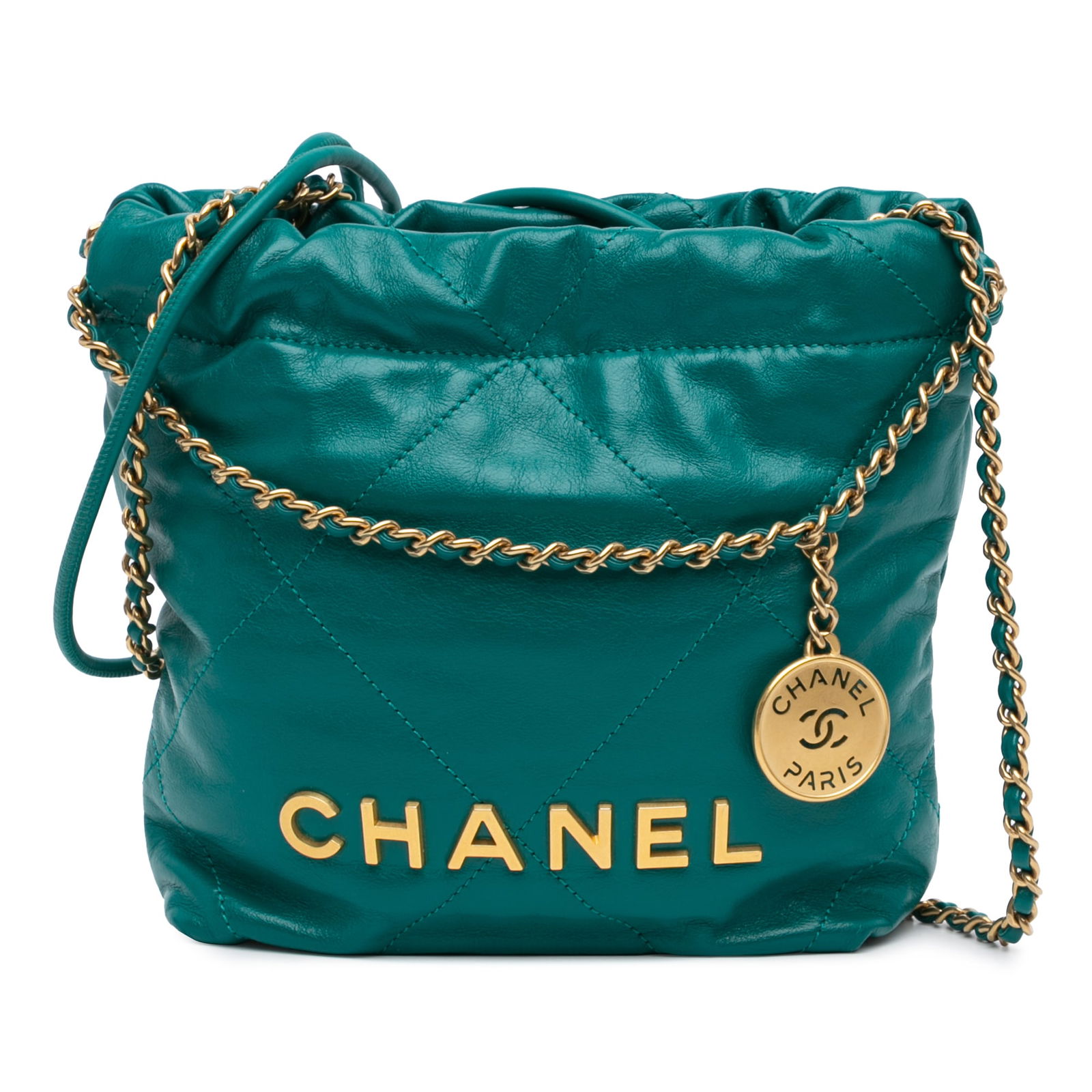 Chanel Mini Shiny Calfskin 22 Green Handbag Leather Quilted Italy: Chanel Mini Shiny Calfskin 22 Green Handbag Leather Quilted Italy Introducing the Chanel Mini Shiny Calfskin 22 Handbag, a stylish and chic accessory crafted from luxurious quilted leather. This handb