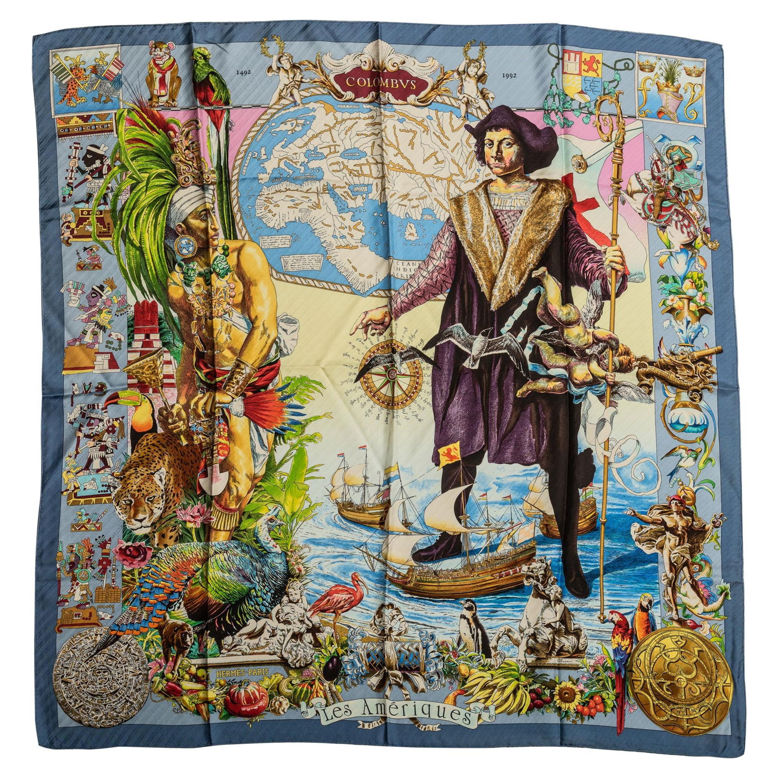 Hermes Blue Silk Les Ameriques Scarf by Kermit Oliver 35 in: Hermes Blue Silk Les Ameriques Scarf by Kermit Oliver 35 in Experience luxury with this exquisite Hermes Blue Silk Les Ameriques Scarf, designed by Kermit Oliver. This stunning scarf features hand-rol