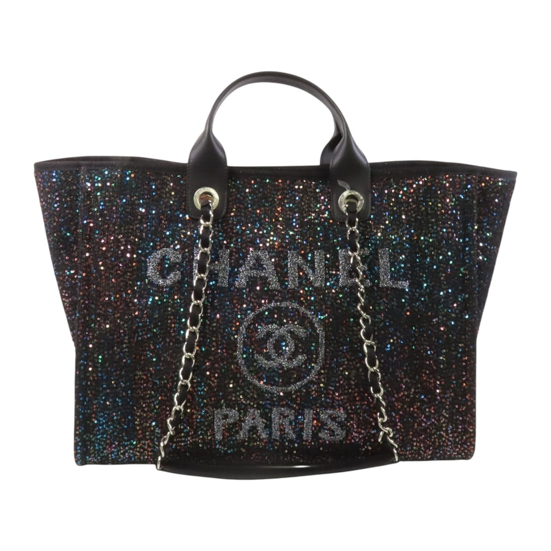 CHANEL Deauville Chain Handbag Canvas Sequins Black Blue 2way Shoulder Bag: CHANEL Deauville Chain Handbag Canvas Sequins Black Blue 2way Shoulder Bag This stylish CHANEL Deauville Chain Handbag showcases a chic design perfect for both casual and formal occasions. Crafted fro