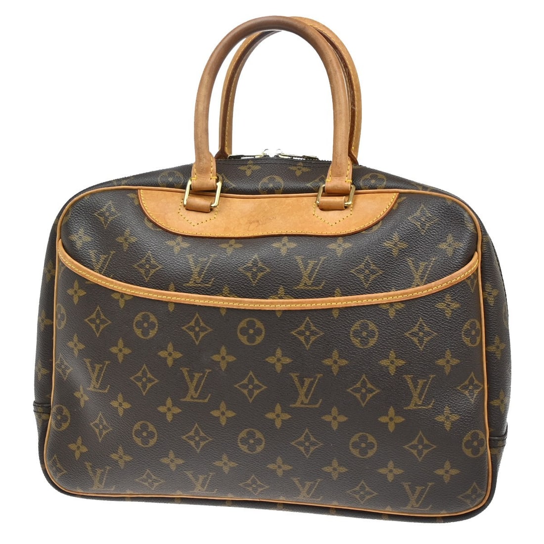 Deauville Brown Tote by Louis Vuitton with Top Handle: Deauville Brown Tote by Louis Vuitton with Top Handle This pre-owned Louis Vuitton Deauville handbag features a brown exterior and is designed for women. The bag shows noticeable signs of use, includi