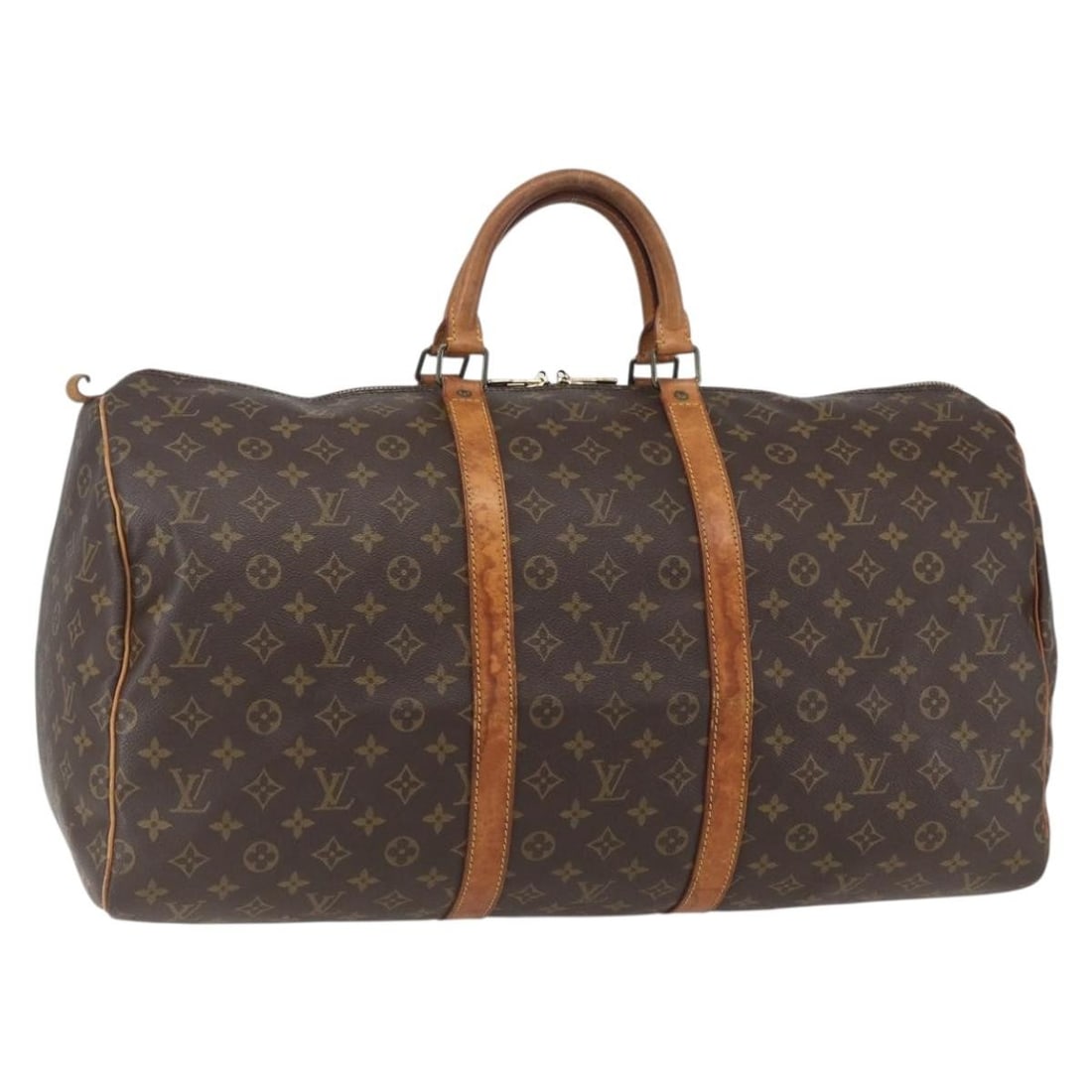 Keepall 55 Travel Bag by Louis Vuitton in Brown: Keepall 55 Travel Bag by Louis Vuitton in Brown This pre-owned Louis Vuitton Keepall 55 Boston travel bag features a classic brown exterior and is designed for women. It exhibits signs of use, includi