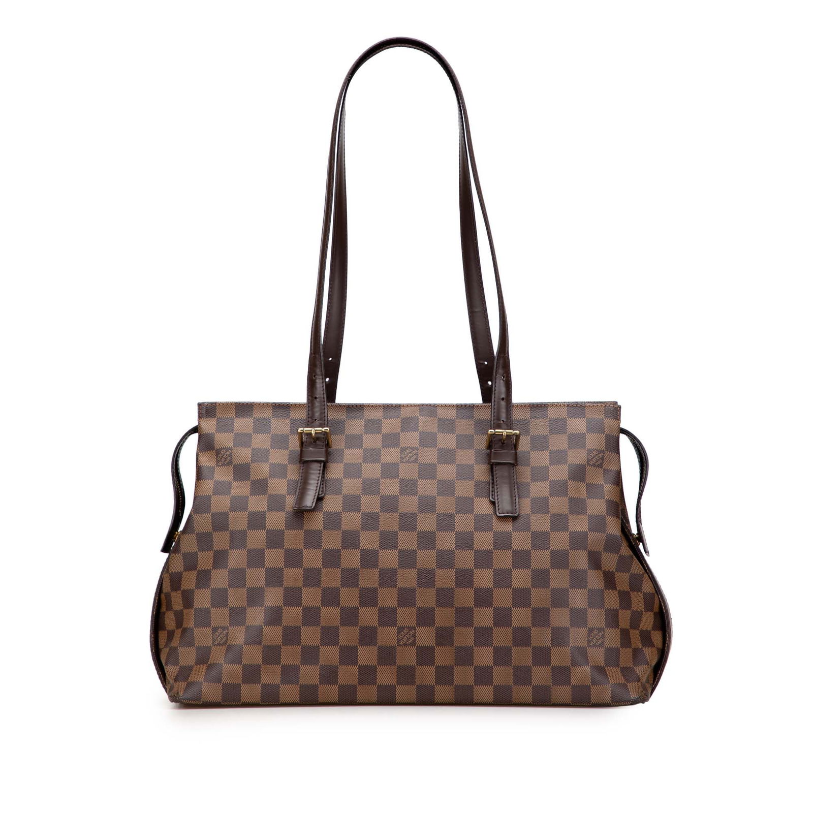 Louis Vuitton Damier Ebene Chelsea Bag with Leather Trim: Louis Vuitton Damier Ebene Chelsea Bag with Leather Trim The Louis Vuitton Damier Ebene Chelsea bag showcases a stylish damier ebene canvas body complemented by leather trim. It features adjustable fl
