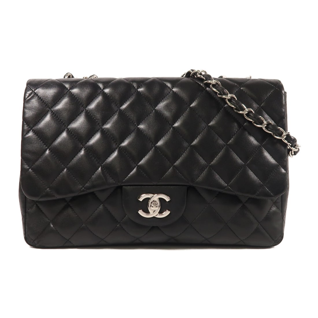 CHANEL Large Classic Chain Shoulder Bag Lambskin Black SHW: CHANEL Large Classic Chain Shoulder Bag Lambskin Black SHW The CHANEL CC Large Classic Chain Shoulder Bag is a timeless accessory crafted from luxurious lambskin leather in a sleek black hue. This sho