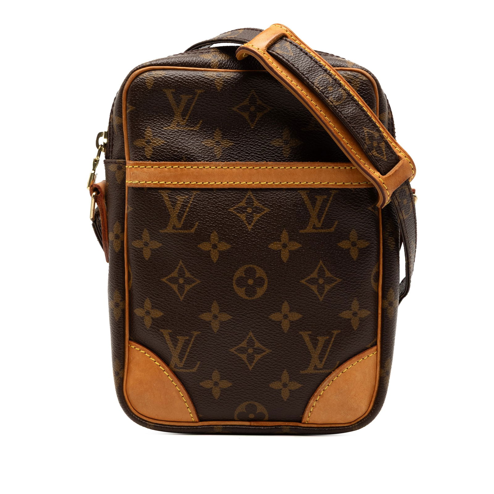 Brown Monogram Canvas Louis Vuitton Danube Shoulder Bag with Adjustable Strap: Brown Monogram Canvas Louis Vuitton Danube Shoulder Bag with Adjustable Strap The Louis Vuitton Monogram Danube is a shoulder bag crafted from monogram canvas with leather accents. It features an adju