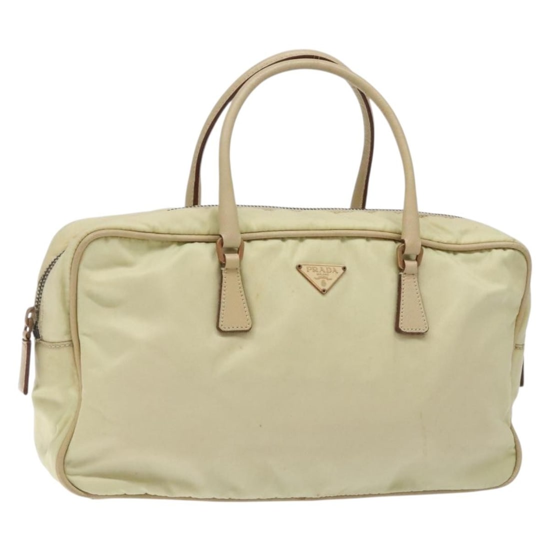 Beige Vintage Zip Handbag by Prada: Beige Vintage Zip Handbag by Prada This Prada vintage zip handbag in beige is designed for female use. The bag shows signs of wear, including loss of shape, rubbing, stains, and slight scratches on th