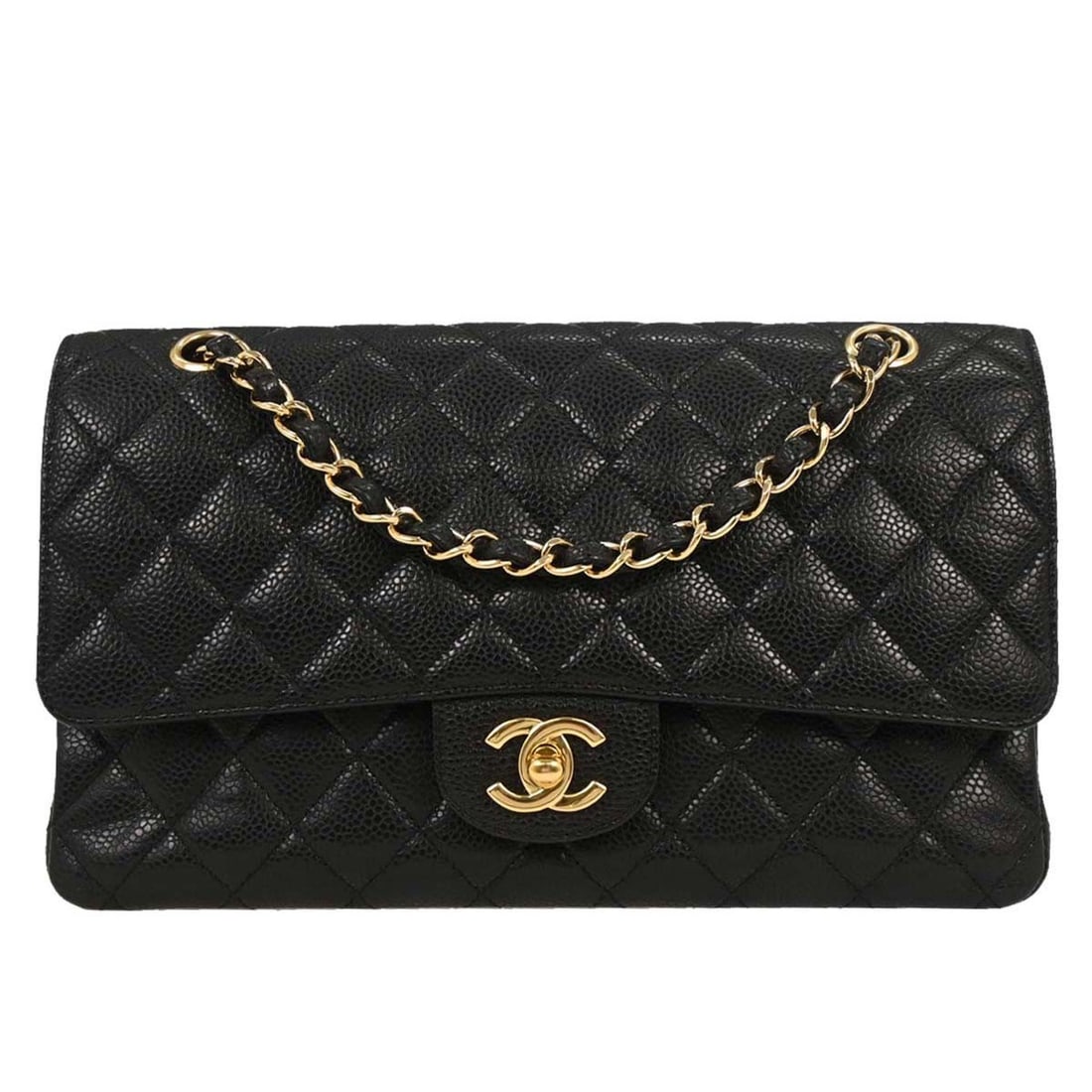 Chanel Black Caviar Leather Medium Classic Double Flap Bag: Chanel Black Caviar Leather Medium Classic Double Flap Bag Introducing the Chanel Black Calfskin Medium Classic Double Flap Shoulder Bag, a timeless accessory crafted from luxurious caviar skin leathe