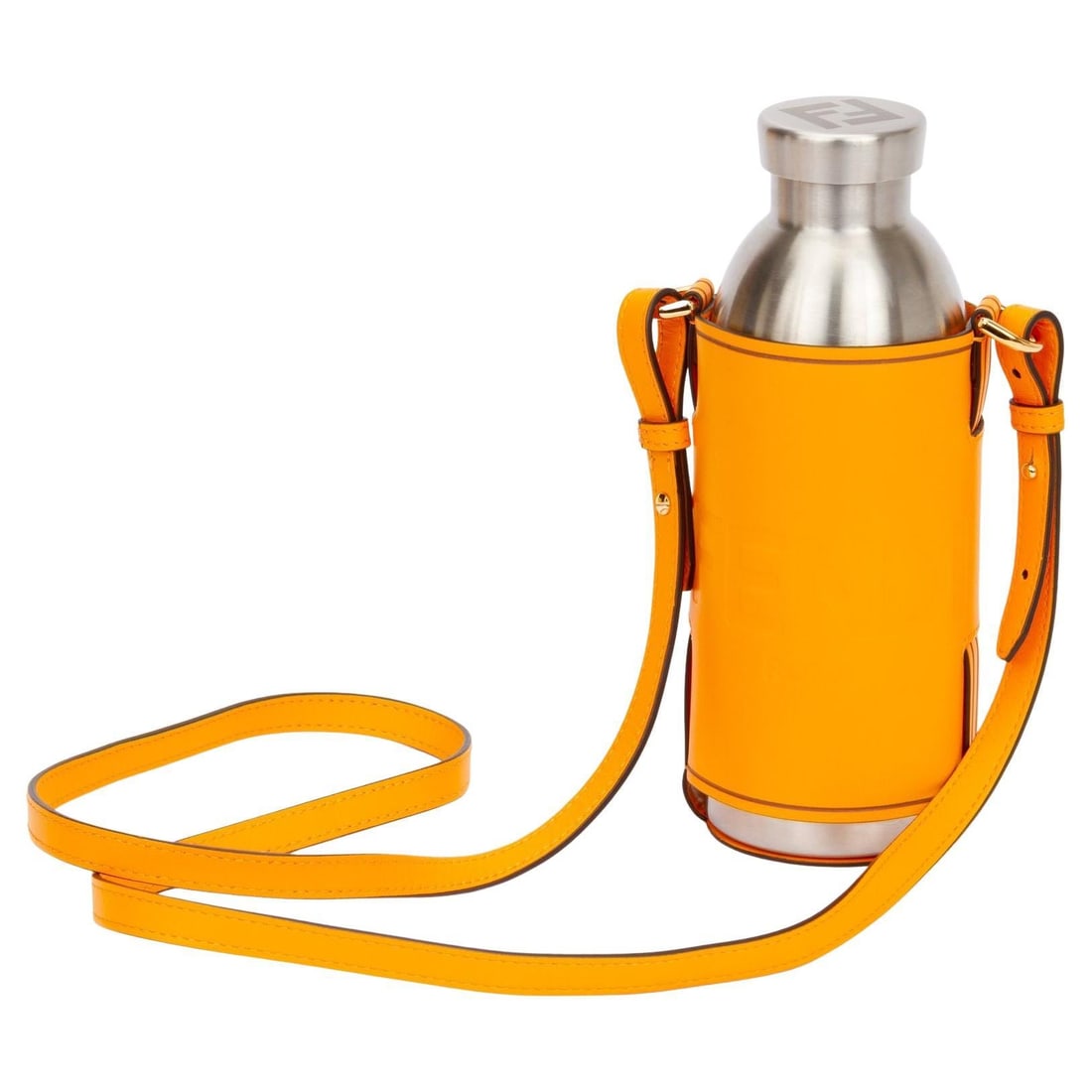 Fendi Clementine Bottle Holder with Shoulder Strap 24 Hours: Fendi Clementine Bottle Holder with Shoulder Strap 24 Hours Introducing the Fendi Bottle Holder in vibrant clementine, a stylish accessory crafted from high-quality calfskin leather. This elegant piec