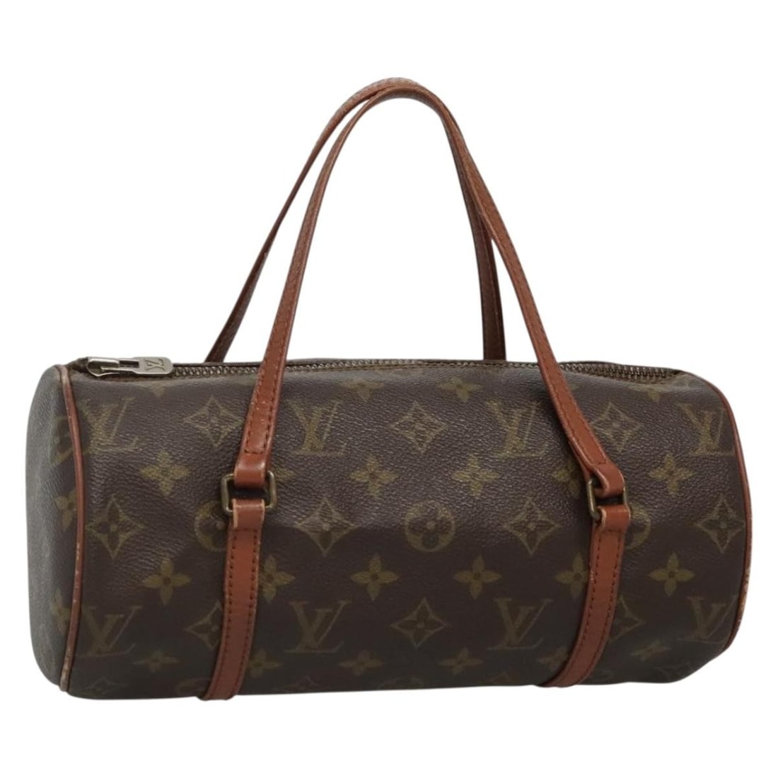 Papillon Bag in Brown by Louis Vuitton: Papillon Bag in Brown by Louis Vuitton This Louis Vuitton Papillon handbag features a brown exterior with notable signs of use, including rubbing, scratches, and minor stains on the leather. The handl