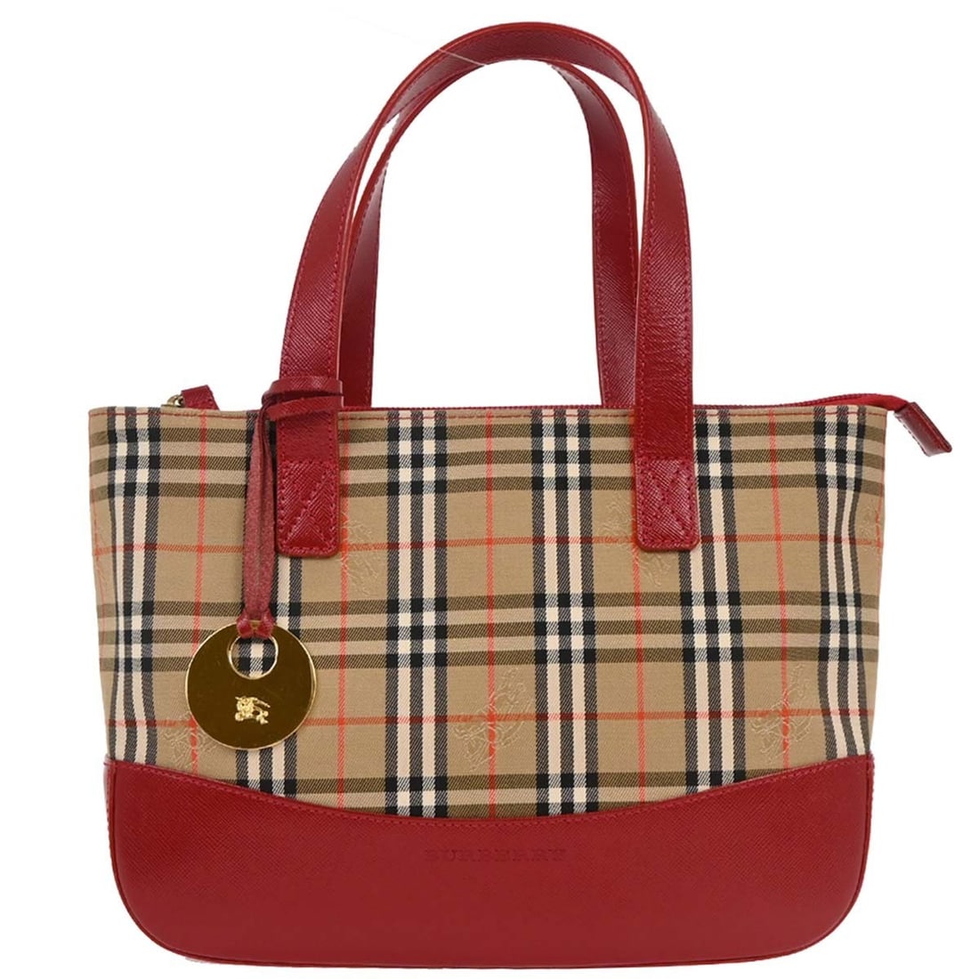 Burberry Beige Red Check Tote Handbag with Gold Hardware: Burberry Beige Red Check Tote Handbag with Gold Hardware Elevate your casual look with this Burberry Beige Red House Check Tote Handbag. Designed for practicality and style, this small handbag feature