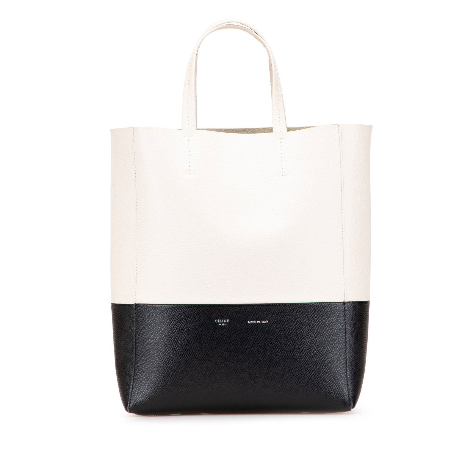 Celine Small Bicolor Leather Vertical Cabas Tote White Italy: Celine Small Bicolor Leather Vertical Cabas Tote White Italy This Celine Small Bicolor Leather Vertical Cabas tote is a stylish accessory crafted from premium leather. It features flat leather handles