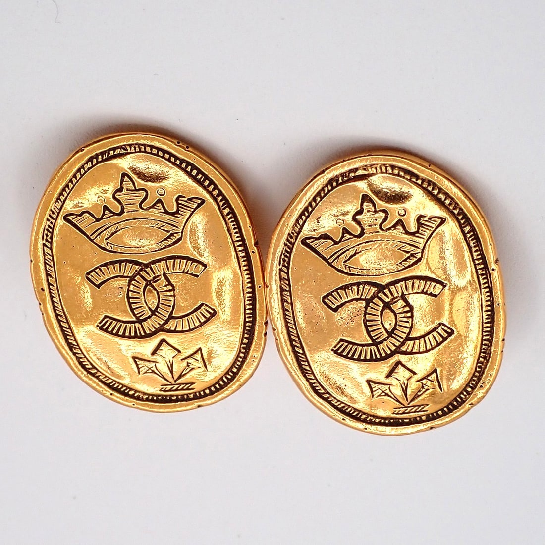 Gold Oval Clip-On Earrings with CC Crown Motif by Chanel Vintage (1 of 1)