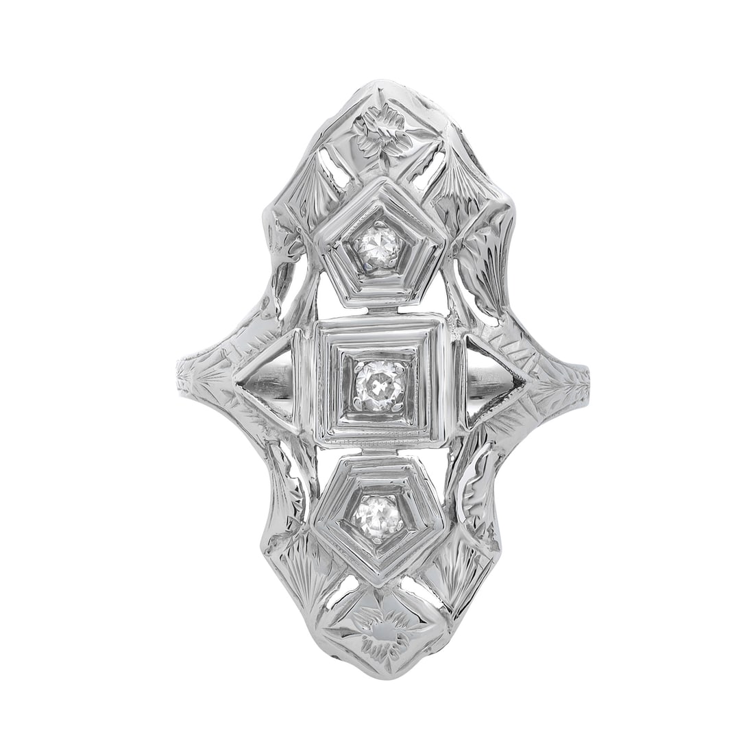 Rachel Koen Vintage Art Deco 0.25ct Diamond Ring 18K White Gold: Rachel Koen Vintage Art Deco 0.25ct Diamond Ring 18K White Gold This exquisite vintage Art Deco three-stone diamond ring features a stunning arrangement of three round brilliant cut diamonds, beautifu