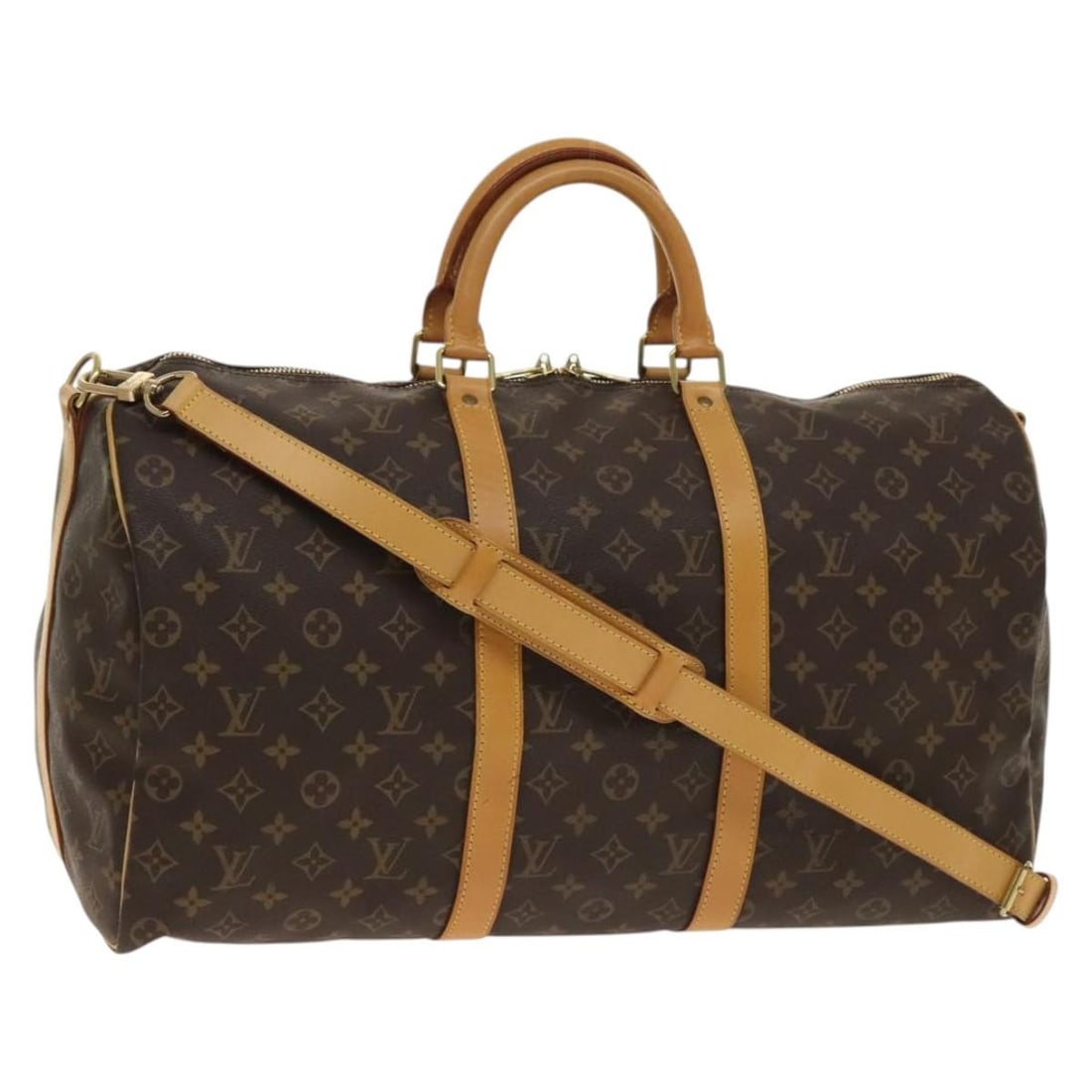 Keepall Brown Travel Bag by Louis Vuitton: Keepall Brown Travel Bag by Louis Vuitton This Louis Vuitton Keepall travel bag features a brown exterior with notable signs of use, including loss of shape, slight rubbing, and wear on the leather su